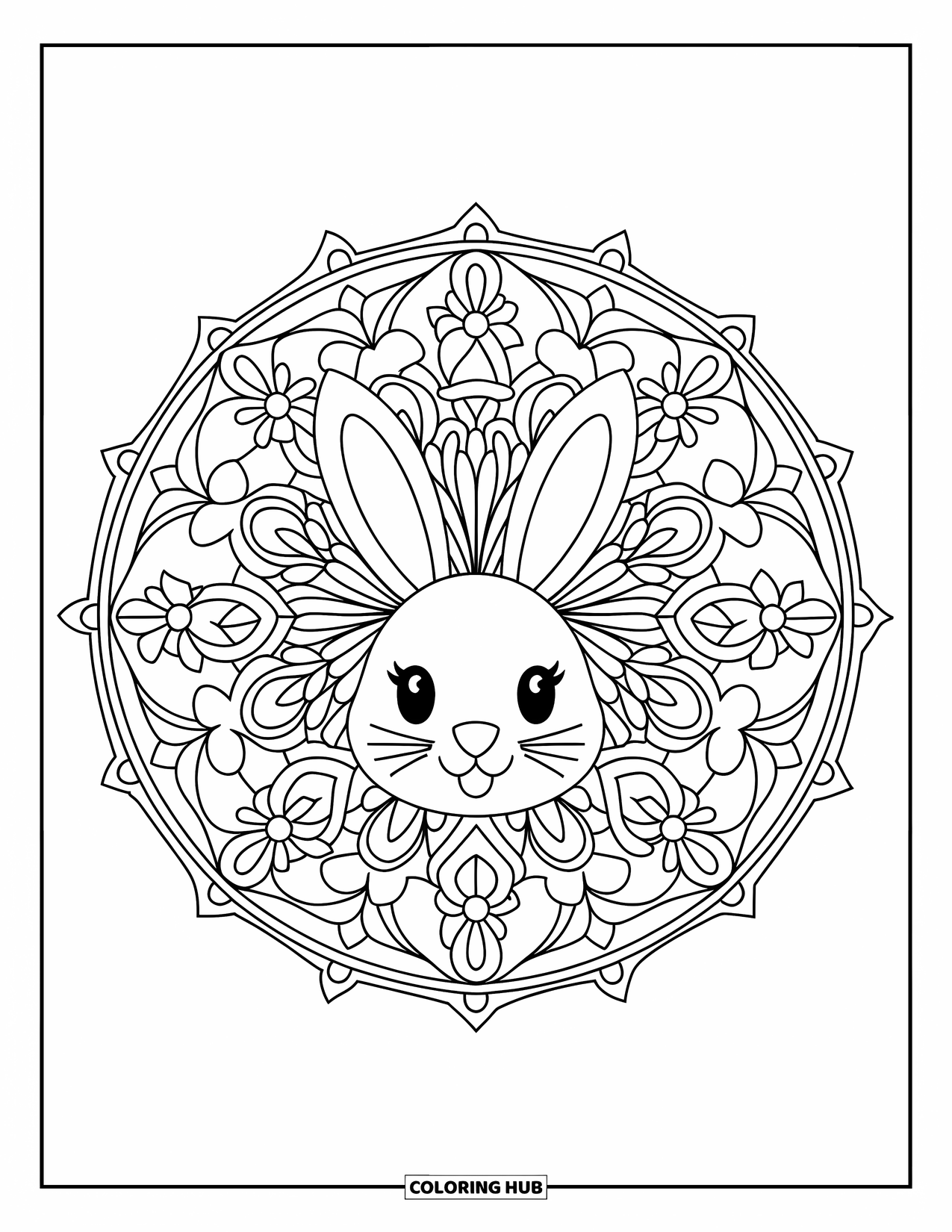 Kolorowanka z króliczkiem dla dorosłych: Króliczek siedzi wewnątrz kwiatowej mandali z czystymi, wyraźnymi konturami do kolorowania.