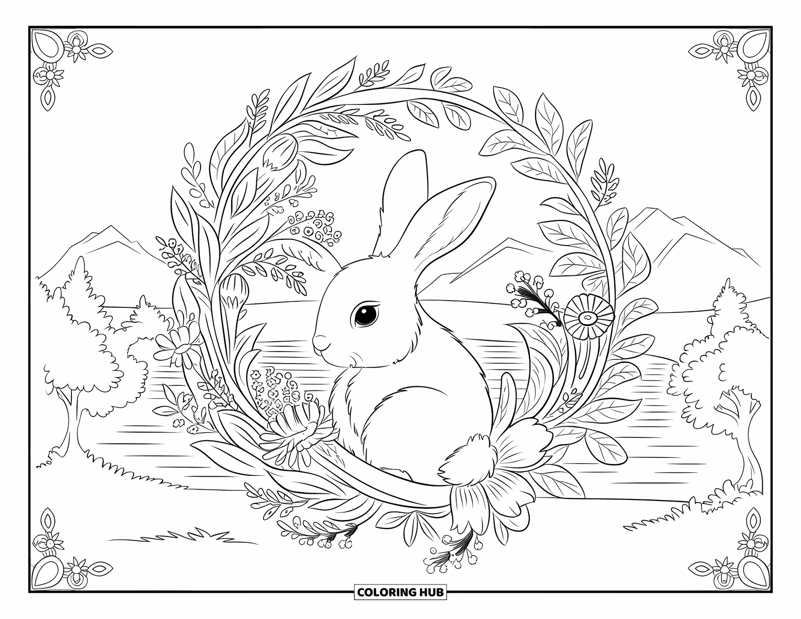 Kolorowanka z króliczkiem dla dorosłych: Króliczek siedzi na gałęzi, otoczony wieńcem z kwitnących kwiatów i liści.
