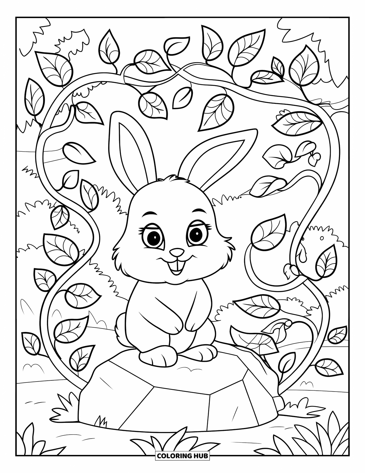 Kolorowanka z króliczkiem dla dorosłych: Króliczek siedzi na skale, otoczony wirującymi pnączami i bujnymi liśćmi lasu.
