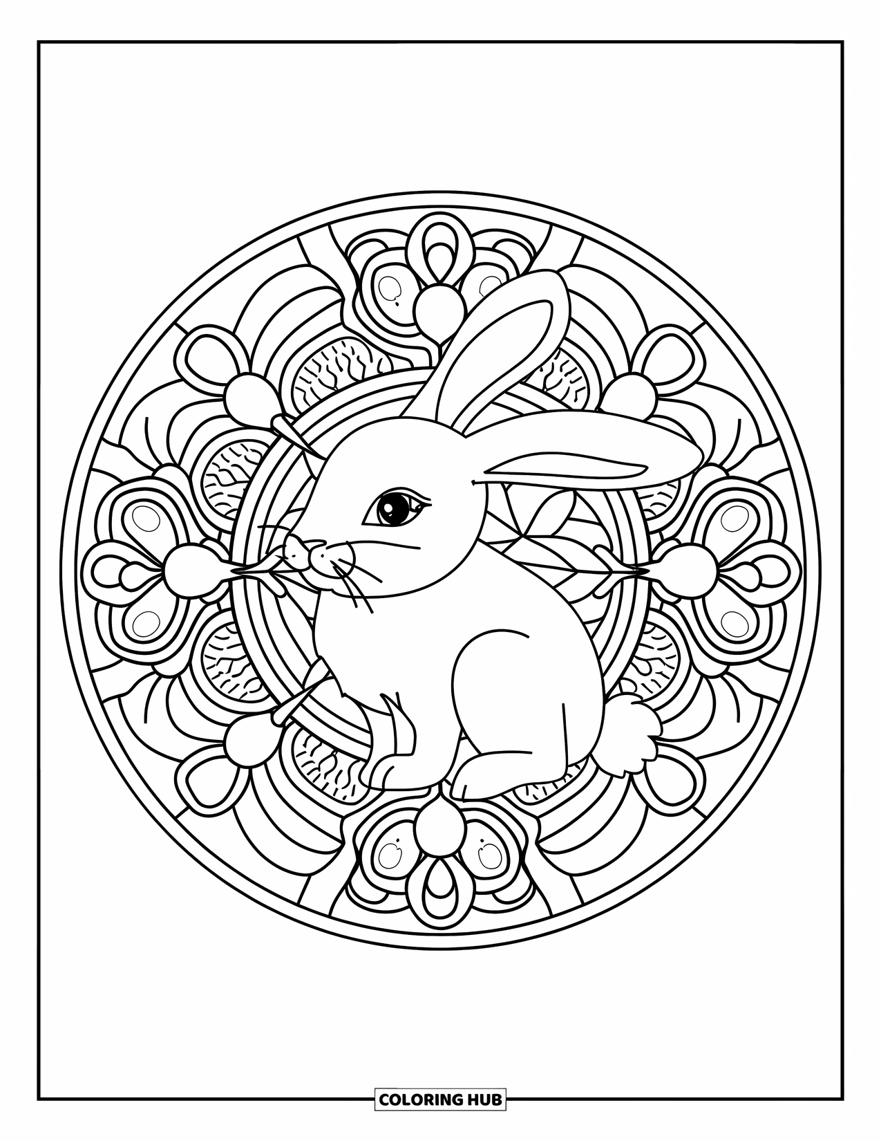 Kolorowanka z króliczkiem dla dorosłych: Króliczek siedzi w mandali wypełnionej kwiatowymi i abstrakcyjnymi kształtami.