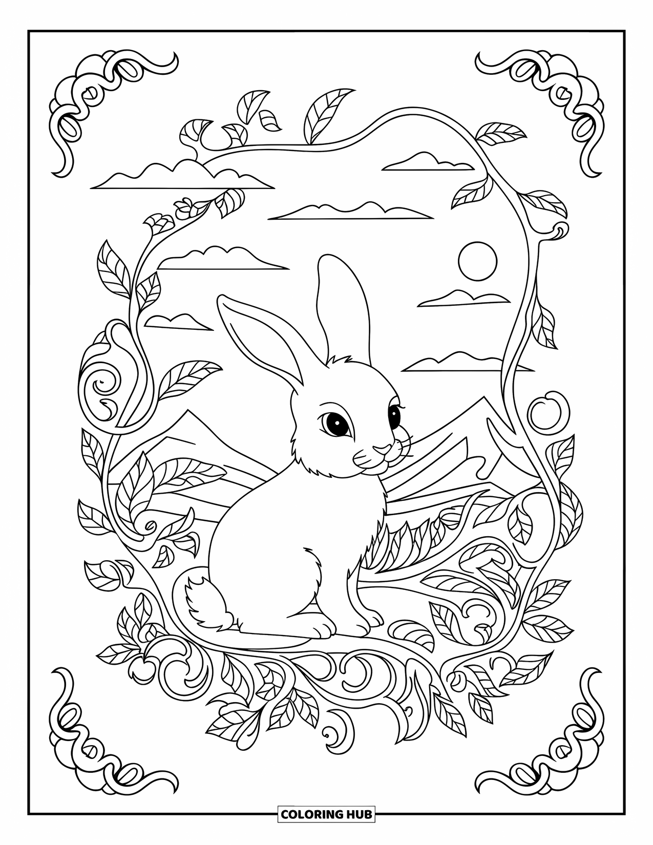 Kolorowanka z króliczkiem dla dorosłych: Króliczek siedzi w skomplikowanym kręgu z pnączy, z górami i wodą w tle.