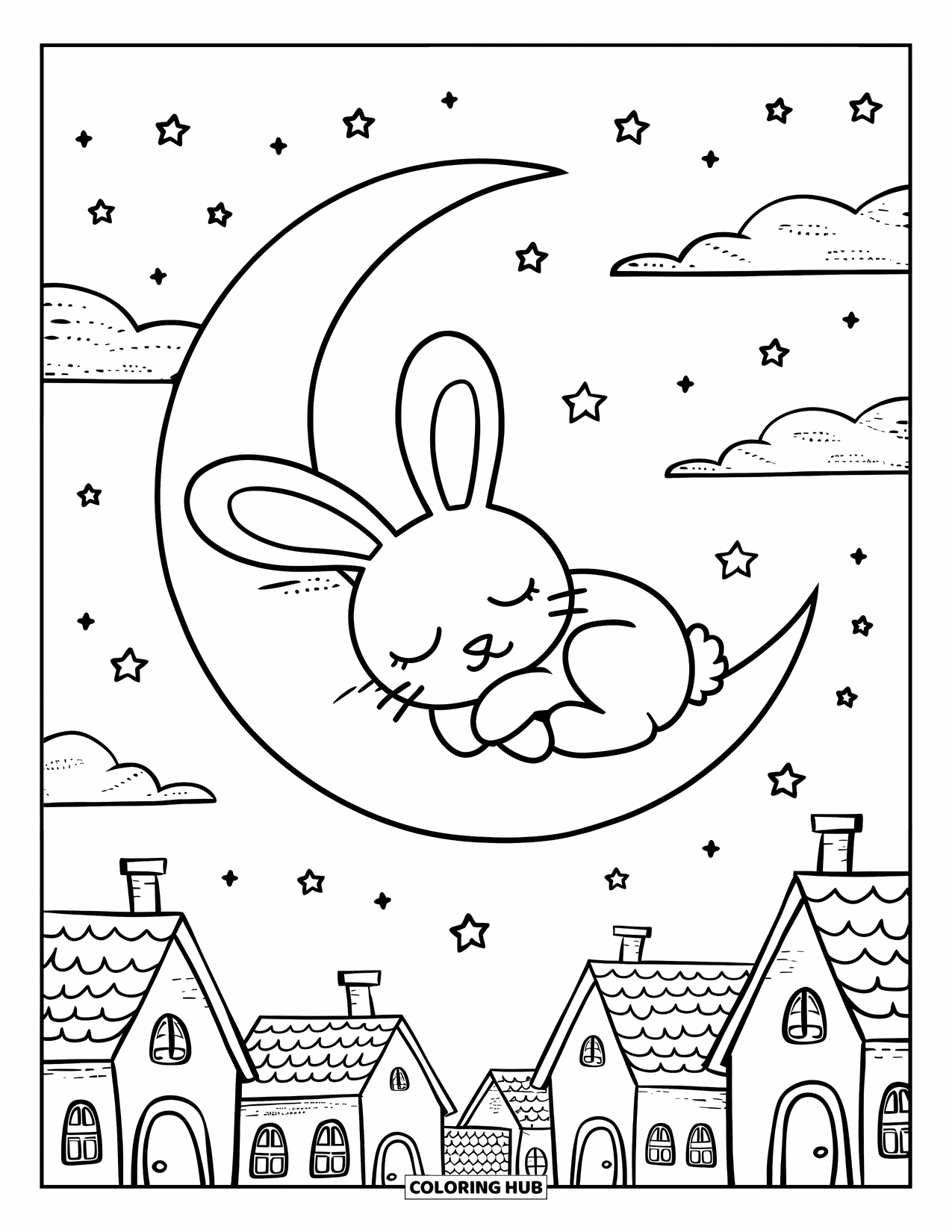 Kolorowanka z Królikiem dla Dorosłych: Króliczek drzema na księżycu w kształcie rogalika, unosząc się nad rozgwieżdżoną wioską nocą