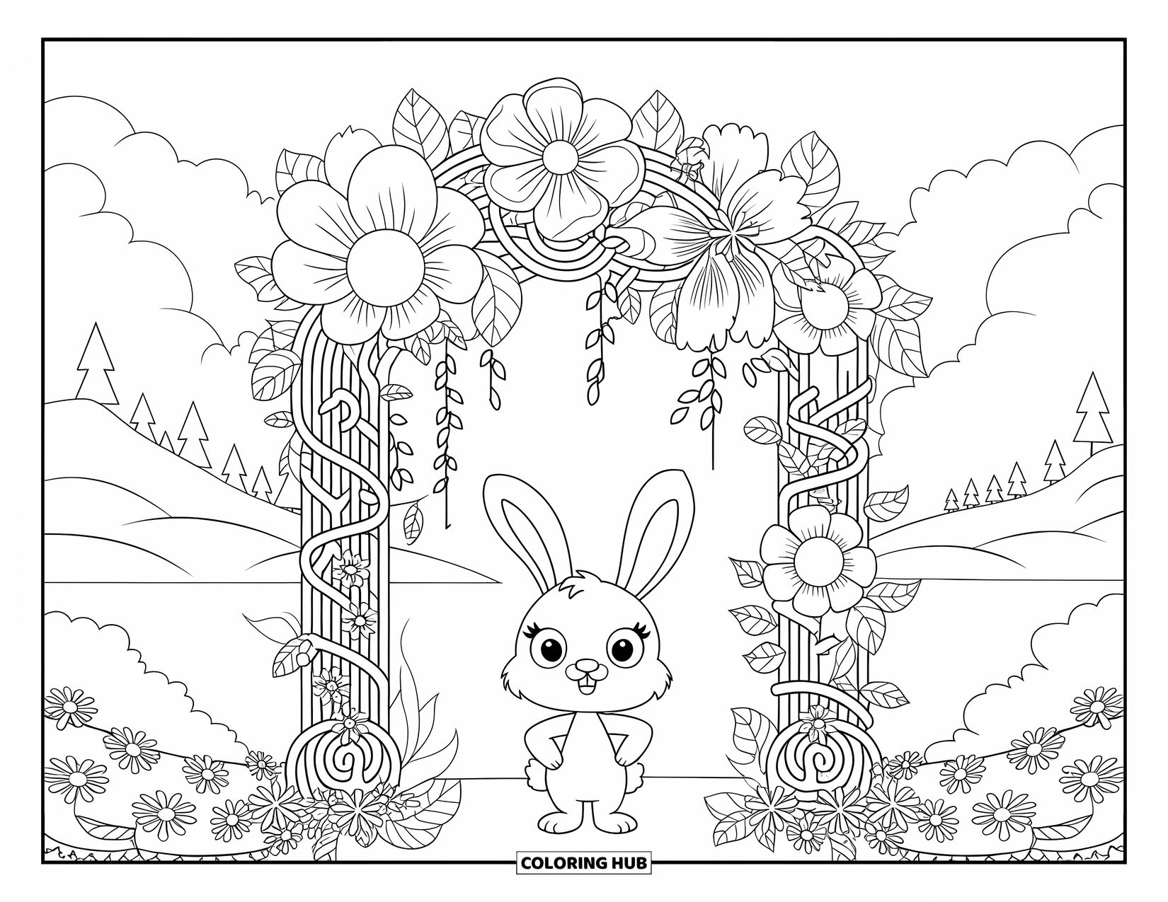 Kolorowanka z króliczkiem dla dorosłych: Króliczek stoi pod kwiatowym łukiem, otoczony wiszącymi liśćmi i polnymi kwiatami.