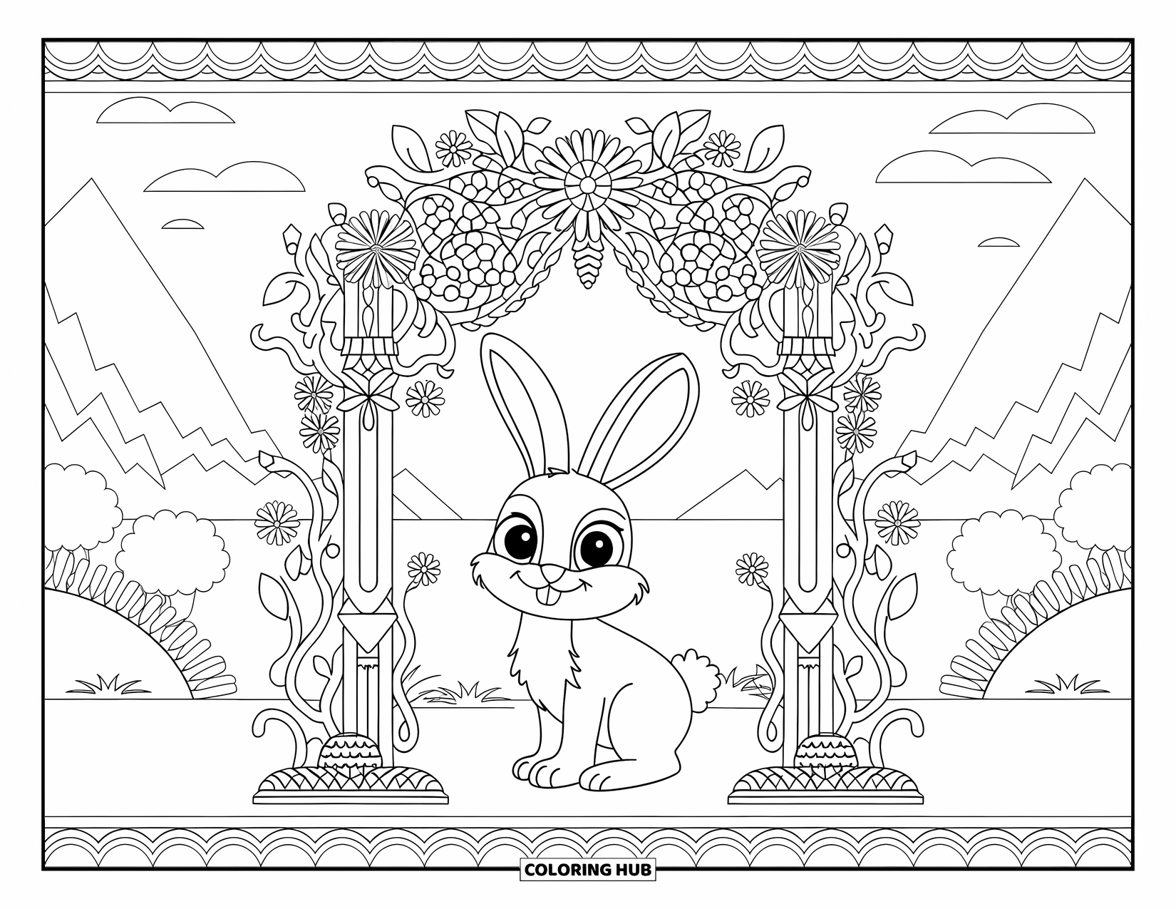 Kolorowanka z króliczkiem dla dorosłych: Króliczek stoi pod łukiem z pnączy i kwiatów, z widokiem na zbiornik wodny.