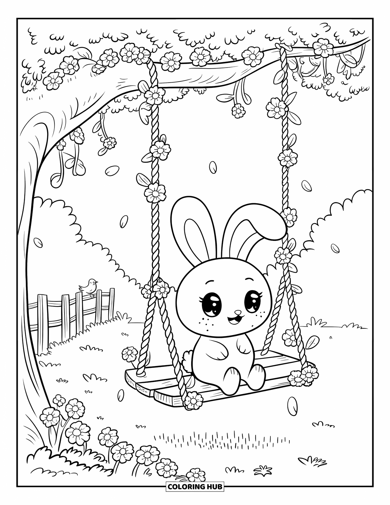 Kolorowanka z króliczkiem dla dorosłych: Króliczek kołysze się na huśtawce z winorośli pokrytej kwiatami, z małym ptaszkiem siedzącym w pobliżu.