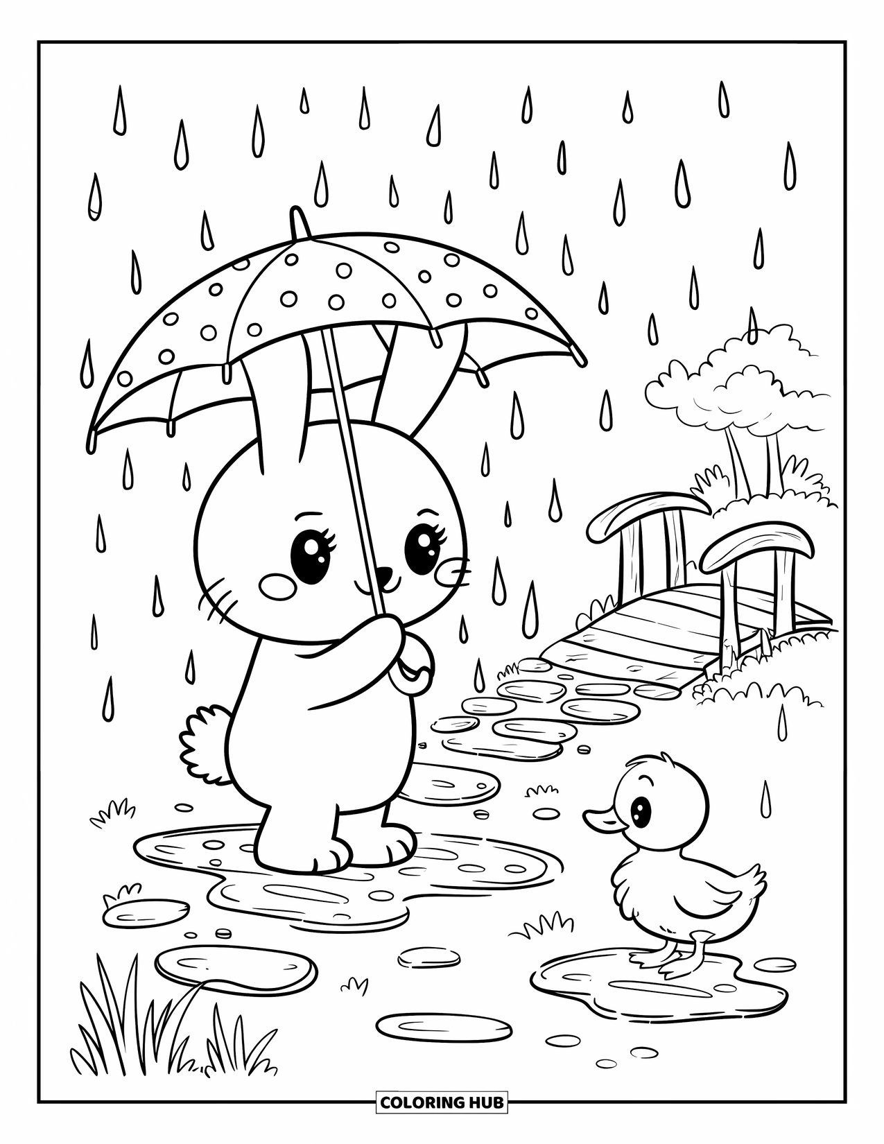 Kolorowanka z Królikiem dla Dorosłych: Króliczek idzie po brukowanej ścieżce, osłaniając się parasolem przed kroplami deszczu