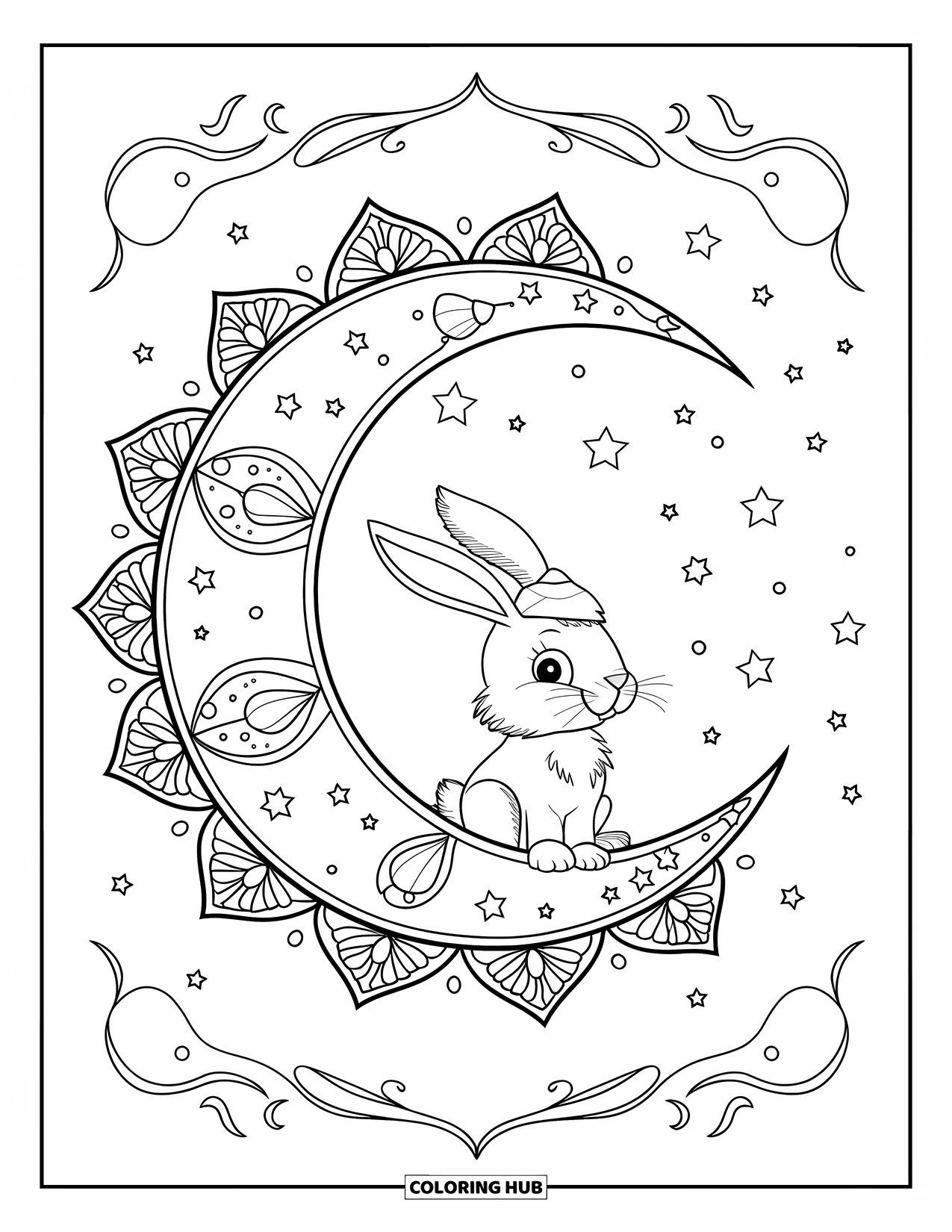 Kolorowanka z króliczkiem dla dorosłych: Króliczek z małym kapeluszem siedzi na rogaliku księżyca, otoczony migoczącymi gwiazdami.