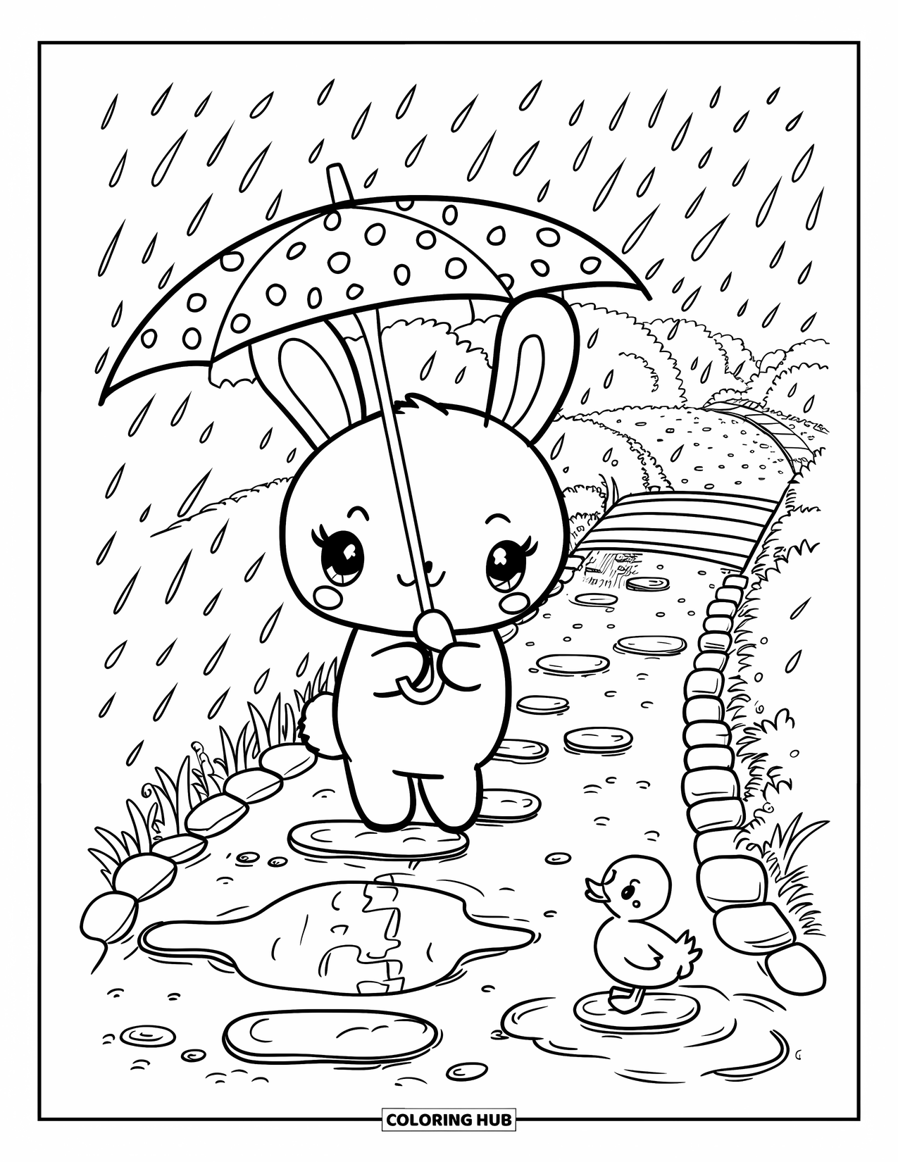 Kolorowanka z Królikiem dla Dorosłych: Króliczek z parasolem obserwuje, jak krople deszczu falują w kałuży w pobliżu człapiącej kaczuszki