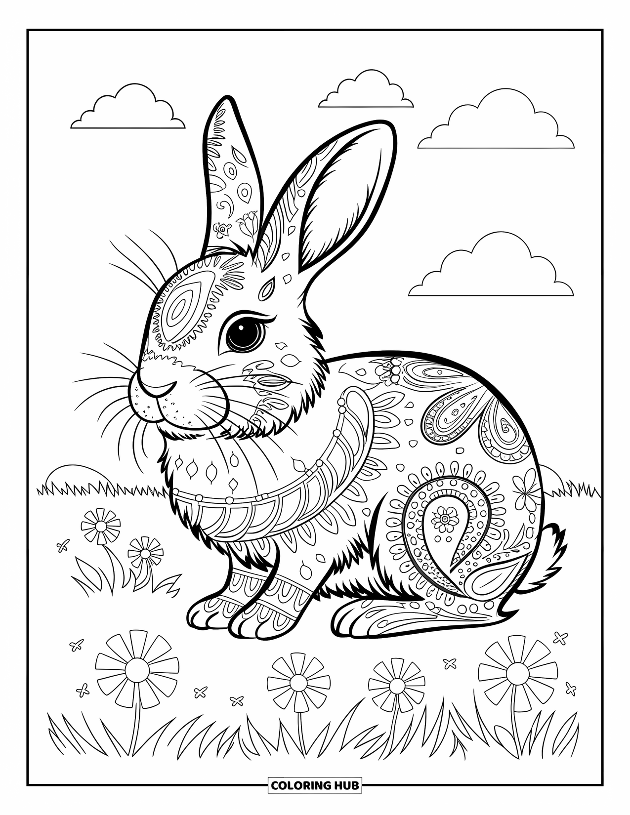 Kolorowanka z króliczkiem dla dorosłych: Króliczek ze szczegółowymi wzorami paisley siedzi na polu z chmurami na niebie.