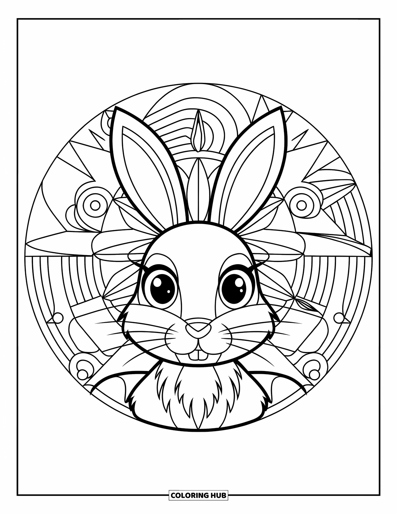 Kolorowanka z króliczkiem dla dorosłych: Kolisty wzór mandali przedstawia króliczka z dużymi oczami wśród skomplikowanych kwiatowych wzorów.