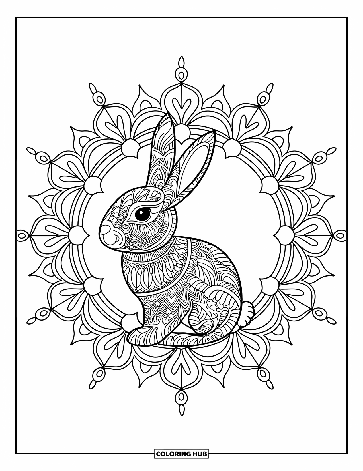Kolorowanka z króliczkiem dla dorosłych: Szczegółowa mandala z króliczkiem jest otoczona kwiatowymi i geometrycznymi wzorami.