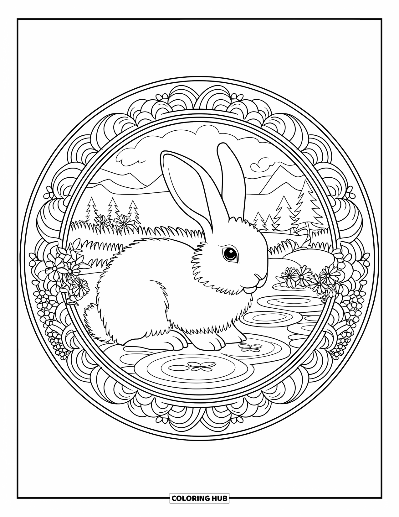 Kolorowanka z króliczkiem dla dorosłych: Puszysty króliczek siedzi na lilii wodnej wewnątrz mandali, otoczony kwiatami i zielenią.