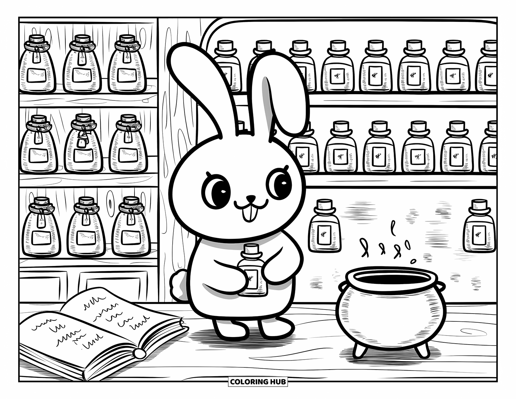 Kolorowanka z króliczkiem dla dorosłych: Króliczek kawaii ogląda mały magiczny eliksir w przytulnym sklepie wypełnionym małymi buteleczkami.