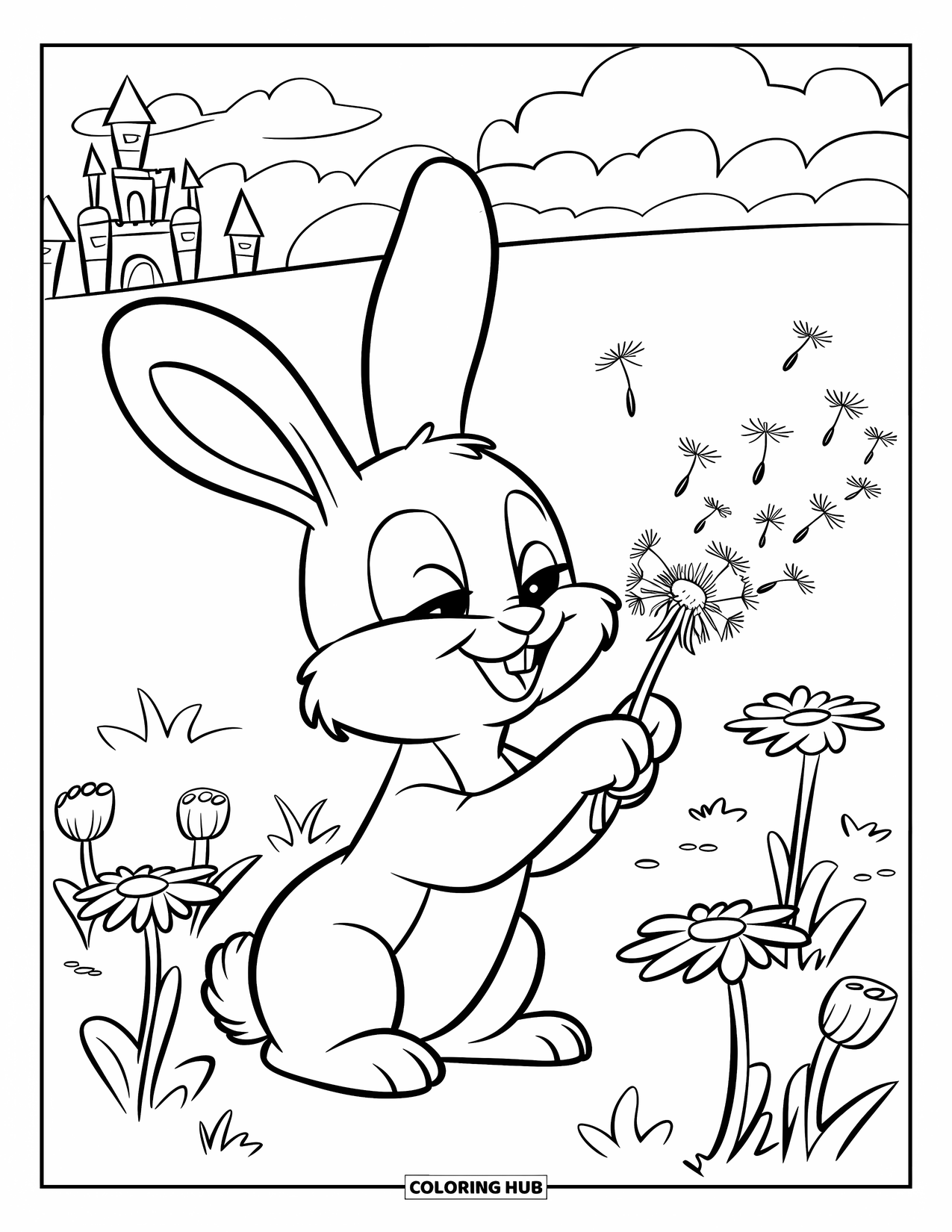 Kolorowanka z Królikiem dla Dzieci: Króliczek dmucha na dmuchawca na ukwieconej łące z zamkiem w oddali