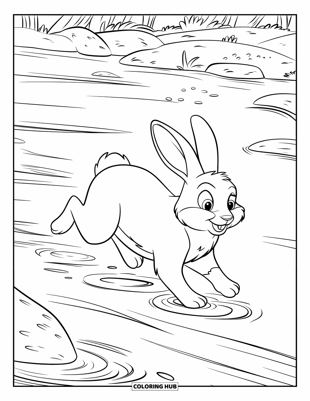 Kolorowanka z Królikiem dla Dzieci: Króliczek pędzi przez brzeg rzeki, a jego odbicie faluje w wodzie poniżej