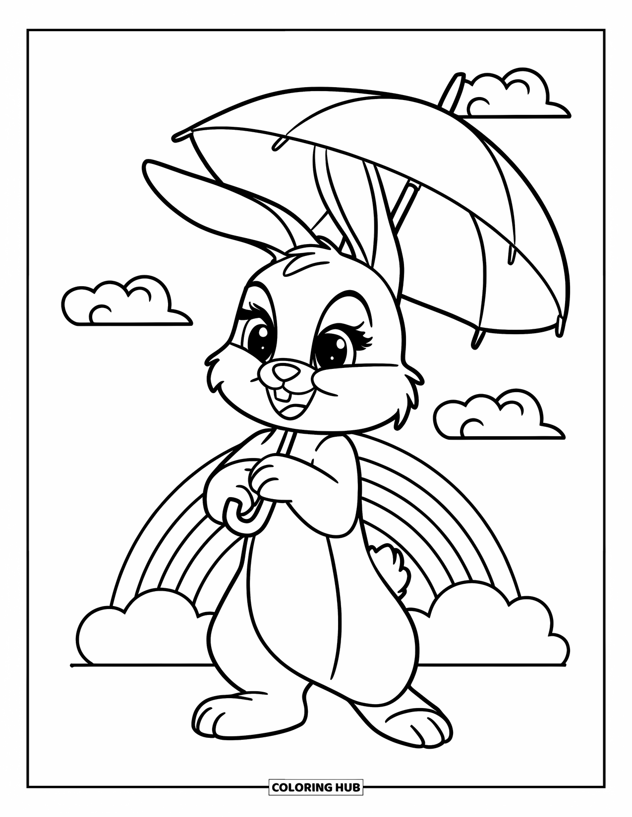 Kolorowanka z Królikiem dla Dzieci: Króliczek ubrany w urocze ubranko trzyma parasol pod niebem wypełnionym tęczą