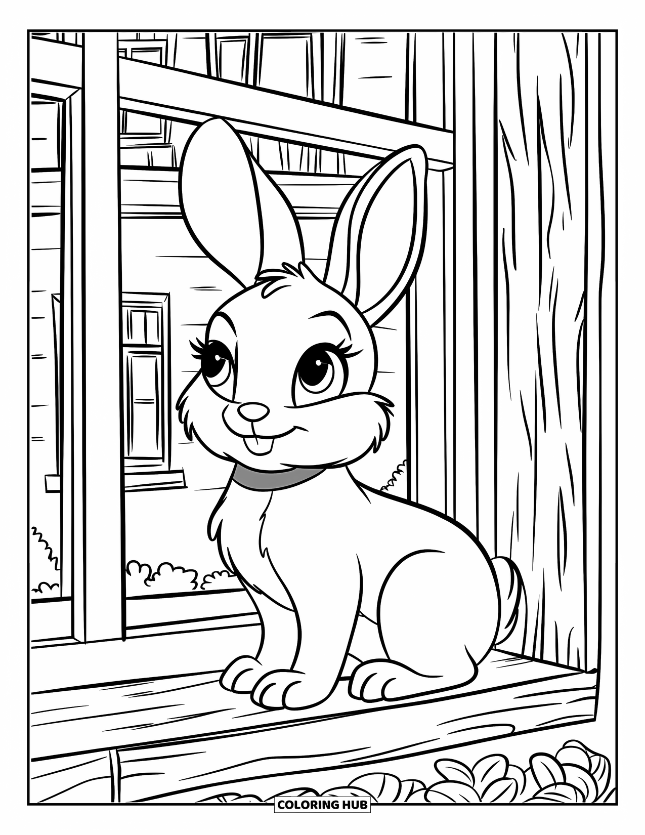 Kolorowanka z Królikiem dla Dzieci: Króliczek wygląda przez okno, siedząc na drewnianym parapecie z rośliną w pobliżu