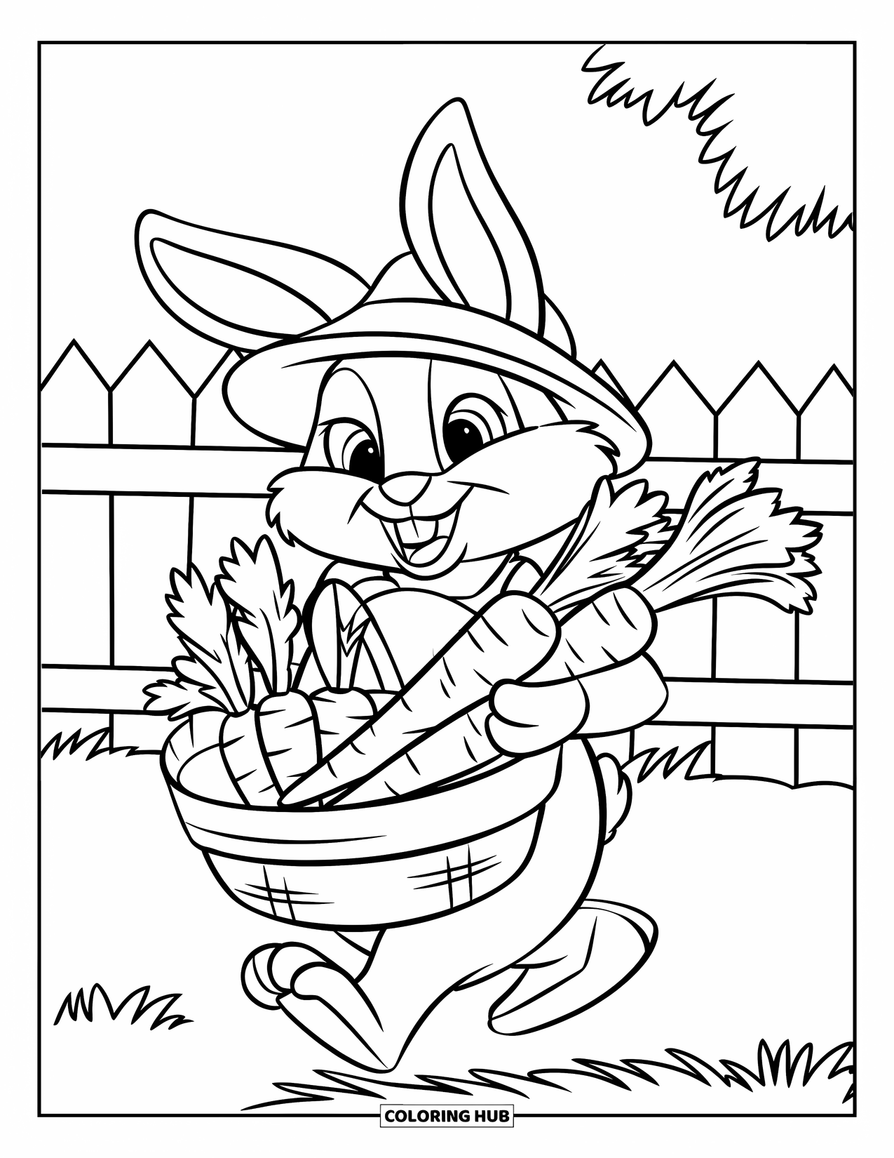 Kolorowanka z Królikiem dla Dzieci: Króliczek w zielonym kapeluszu niesie koszyk świeżych marchewek i selera w pobliżu płotu