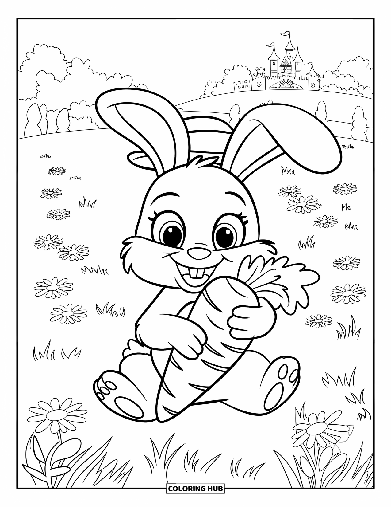 Kolorowanka z Królikiem dla Dzieci: Króliczek w zielonym kapeluszu siedzi na łące z kwiatami, trzymając gigantyczną marchewkę
