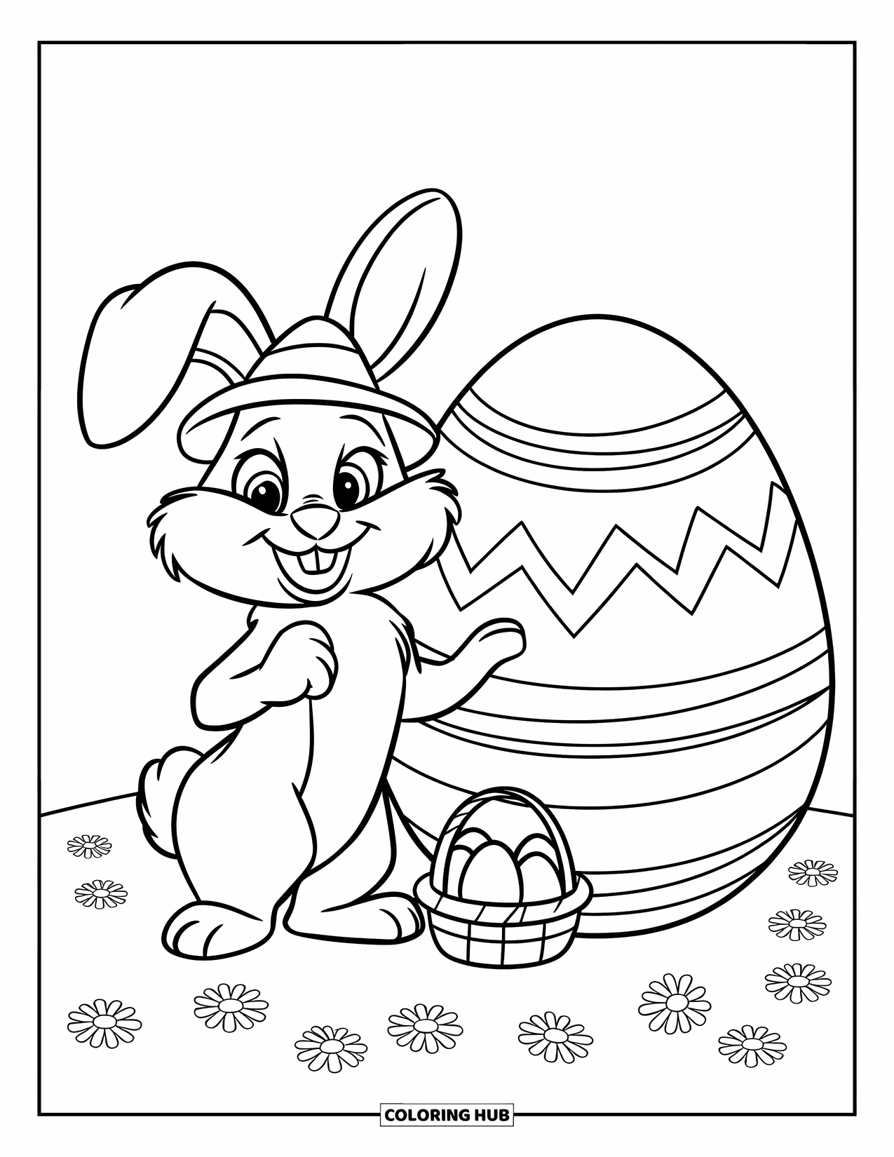 Kolorowanka z Królikiem dla Dzieci: Króliczek w zielonym kapeluszu uśmiecha się obok gigantycznego jajka wielkanocnego na trawiastej łące