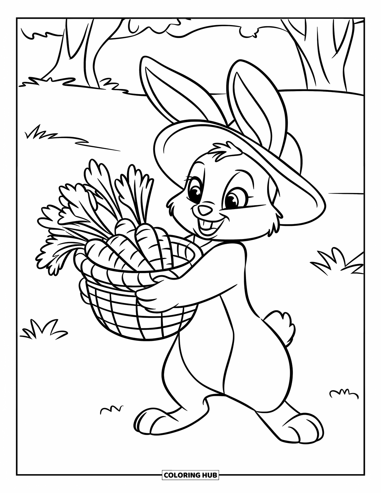 Kolorowanka z Królikiem dla Dzieci: Króliczek w zielonym kapeluszu stoi obok koszyka warzyw w spokojnym krajobrazie