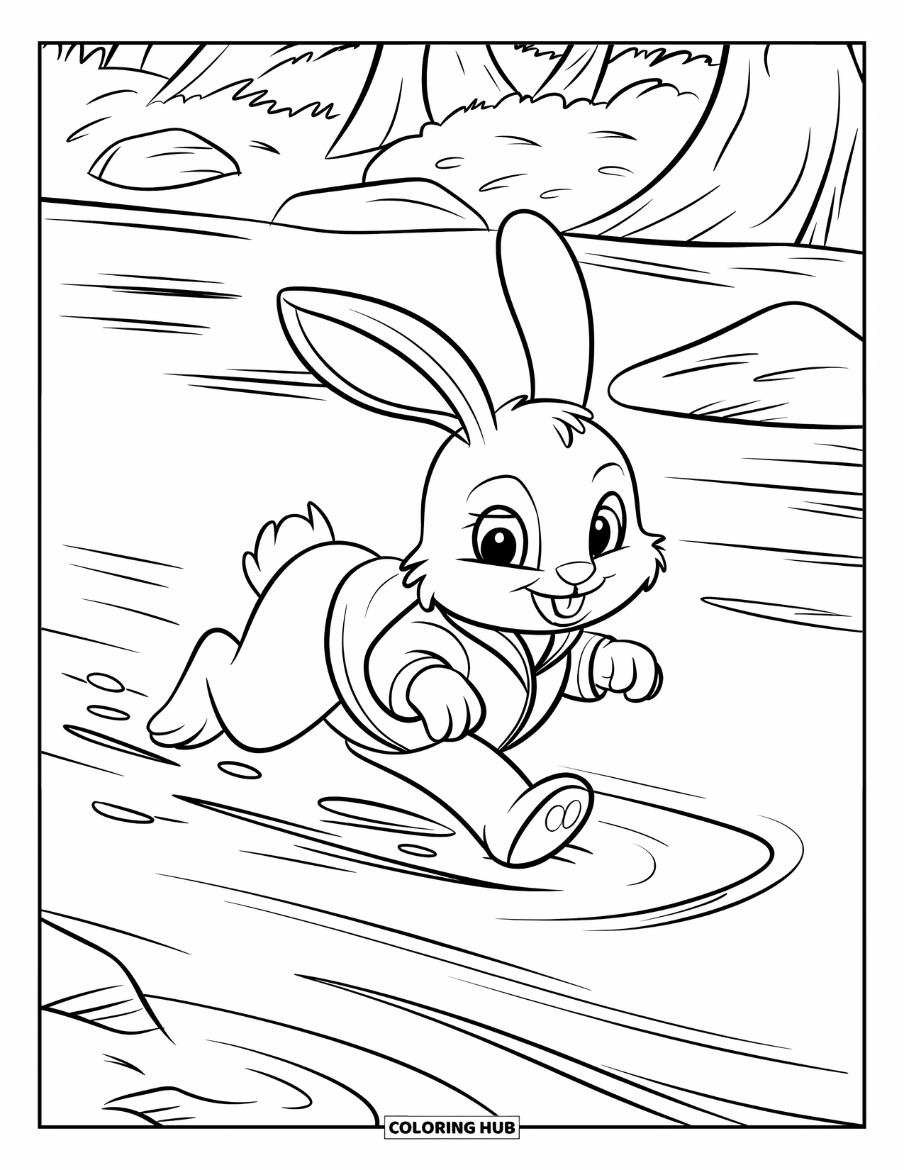 Kolorowanka z Królikiem dla Dzieci: Króliczek w zielonej kurtce biegnie przez brzeg rzeki z drzewami i skałami w tle