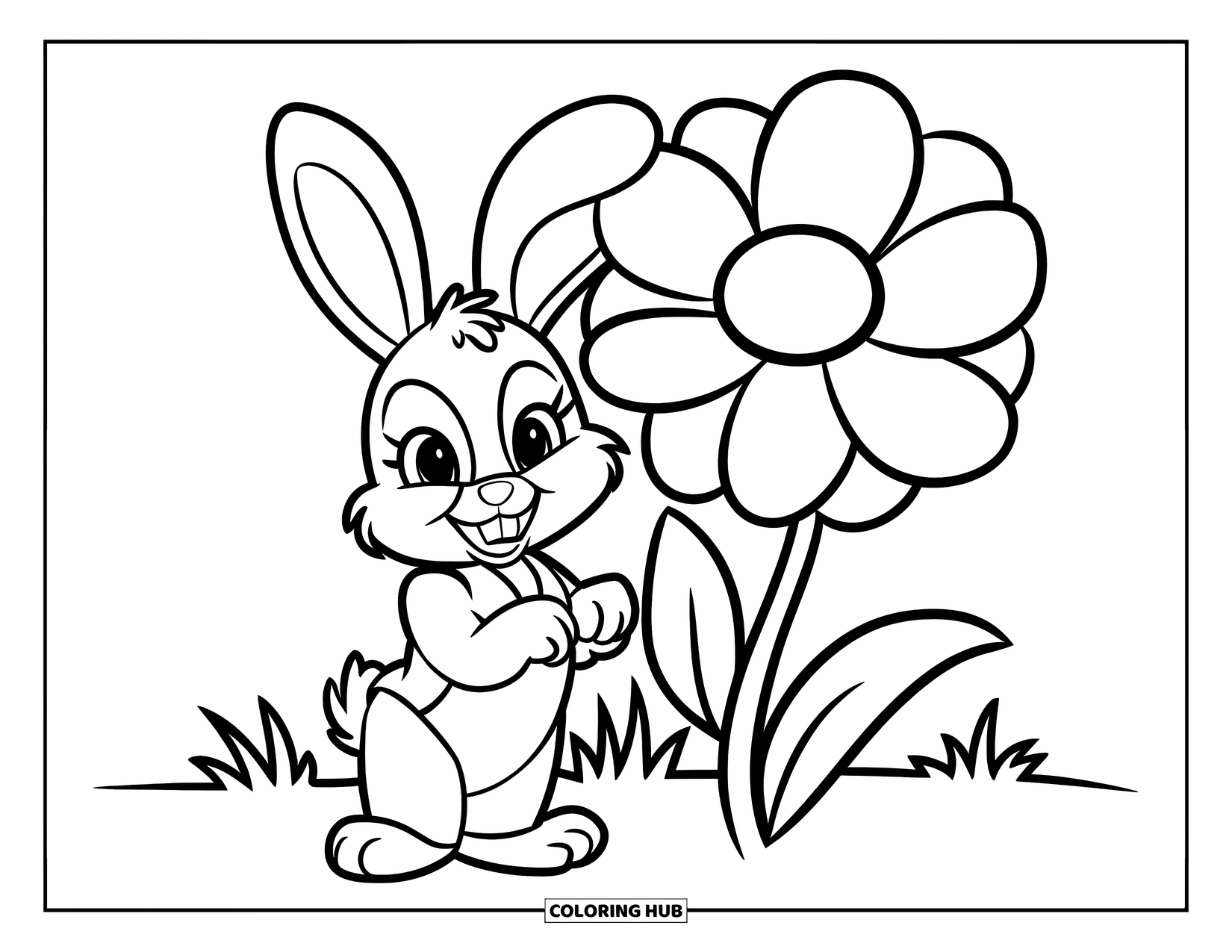 Kolorowanka z Królikiem dla Dzieci: Króliczek w zielonym ubranku podziwia duży kwiat na trawiastej łące