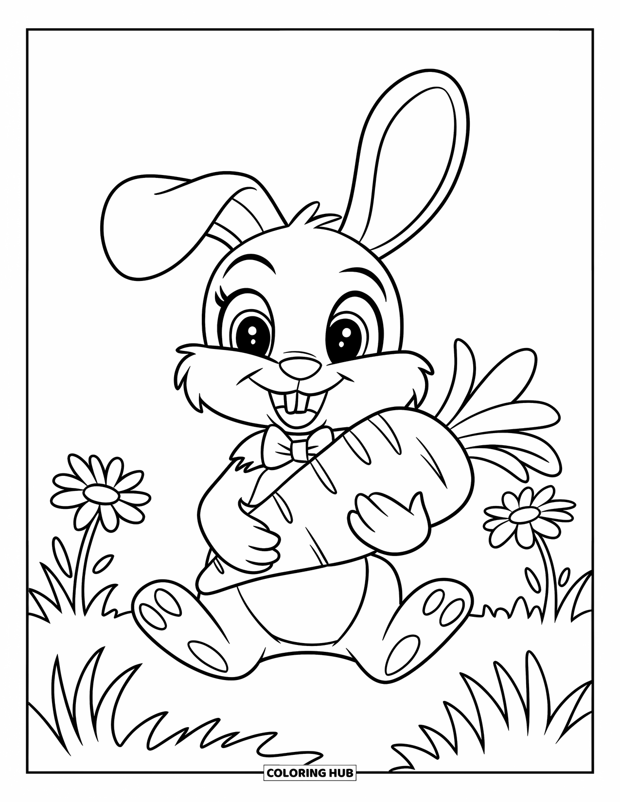 Kolorowanka z Królikiem dla Dzieci: Króliczek w czerwonej muszce trzyma marchewkę, siedząc wśród stokrotek w trawie