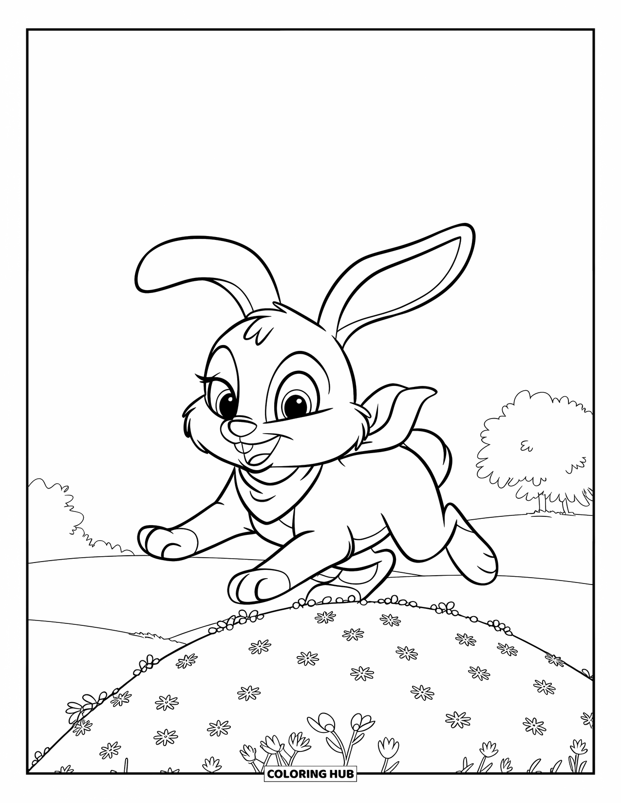 Kolorowanka z Królikiem dla Dzieci: Króliczek w czerwonym szaliku skacze przez wzgórze usiane małymi kwiatkami