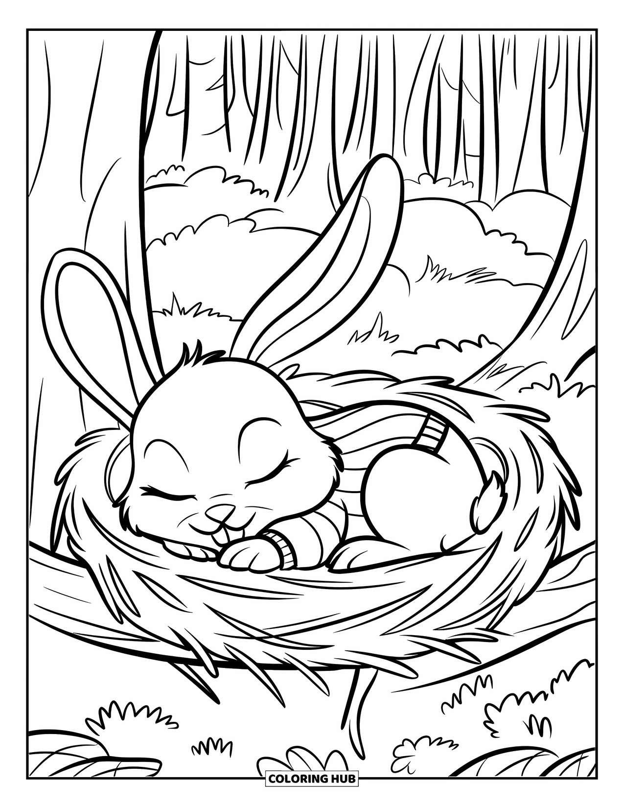 Kolorowanka z Królikiem dla Dzieci: Króliczek w czerwonym swetrze drzema w gnieździe spoczywającym na gałęzi drzewa