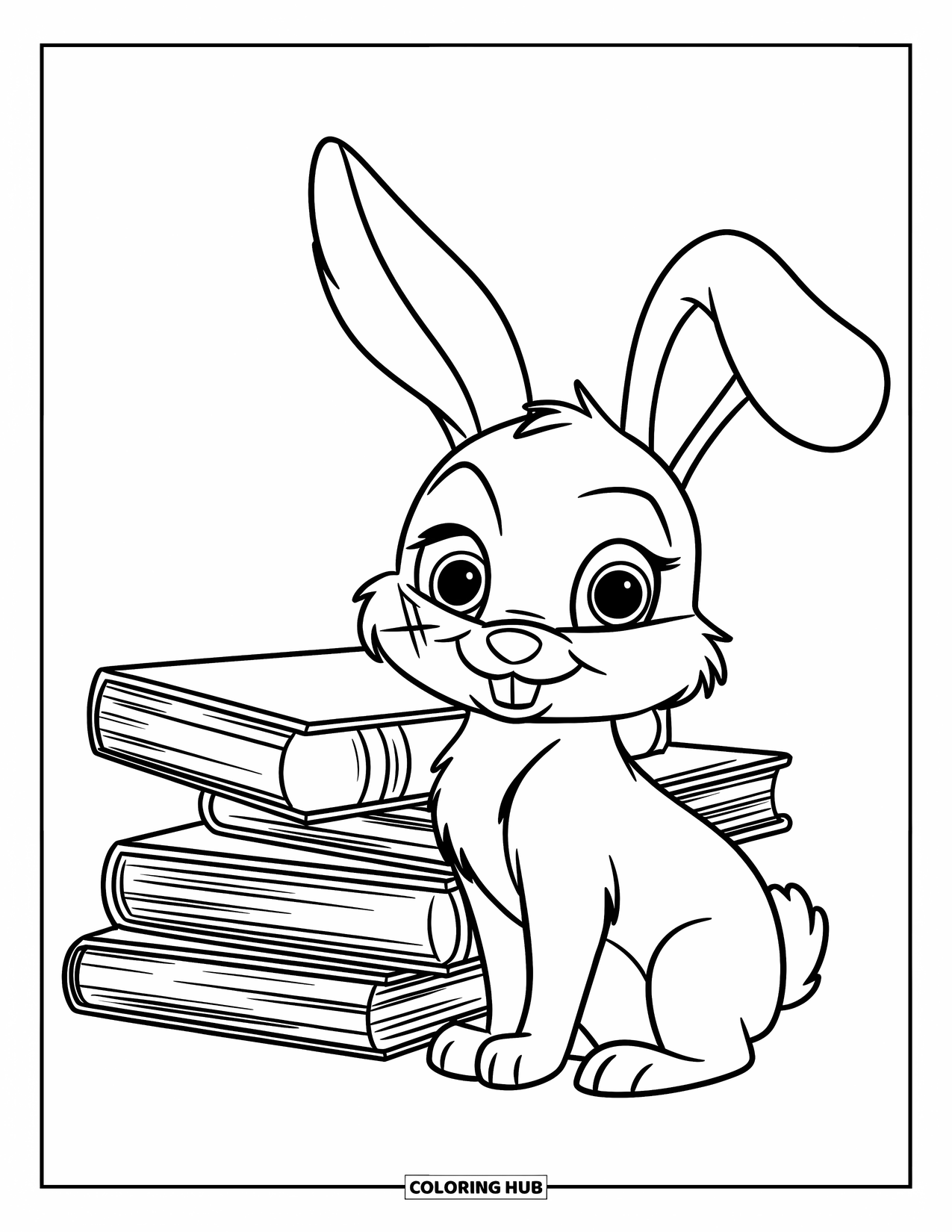 Kolorowanka z Królikiem dla Dzieci: Króliczek w szaliku siedzi obok stosu książek w prostym, przytulnym otoczeniu