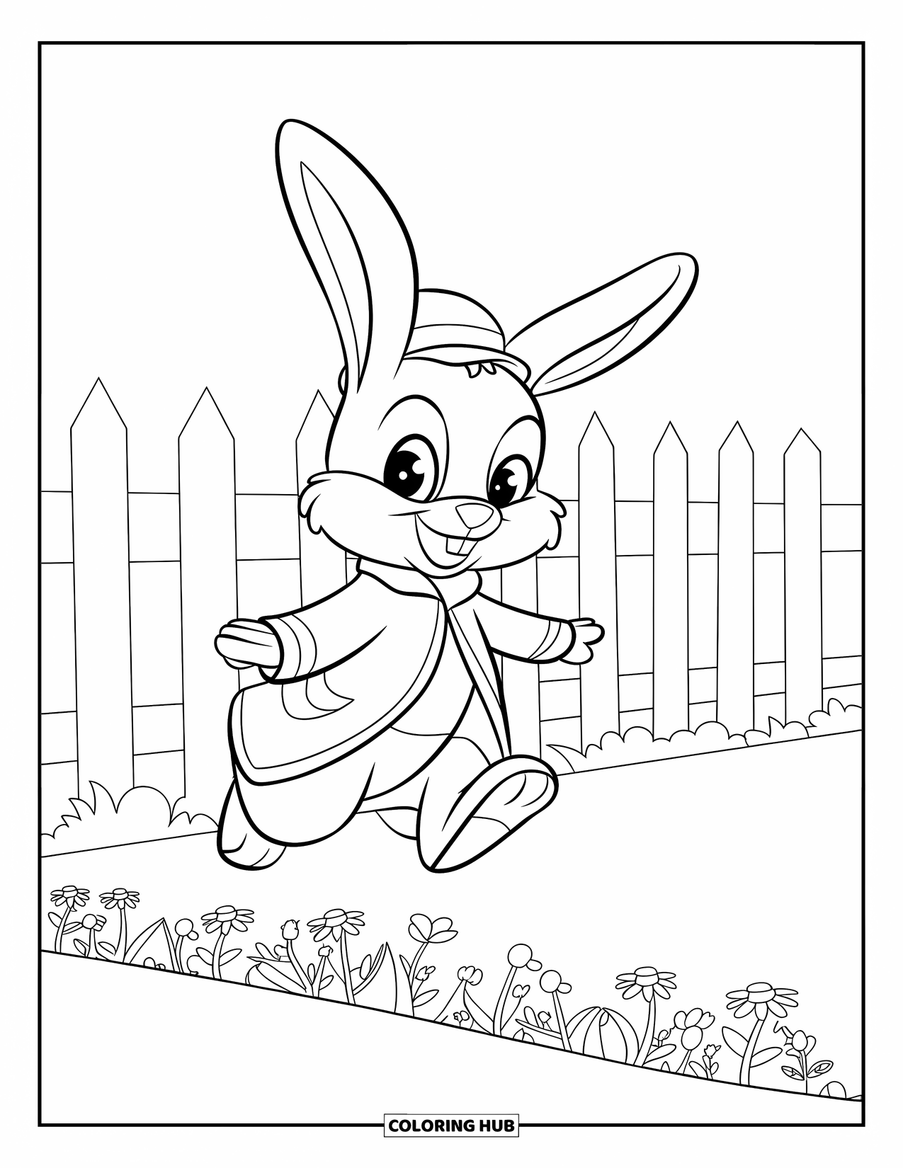 Kolorowanka z Królikiem dla Dzieci: Króliczek w małym kapeluszu przeskakuje nad kwiatami w ogrodzie z białym płotem