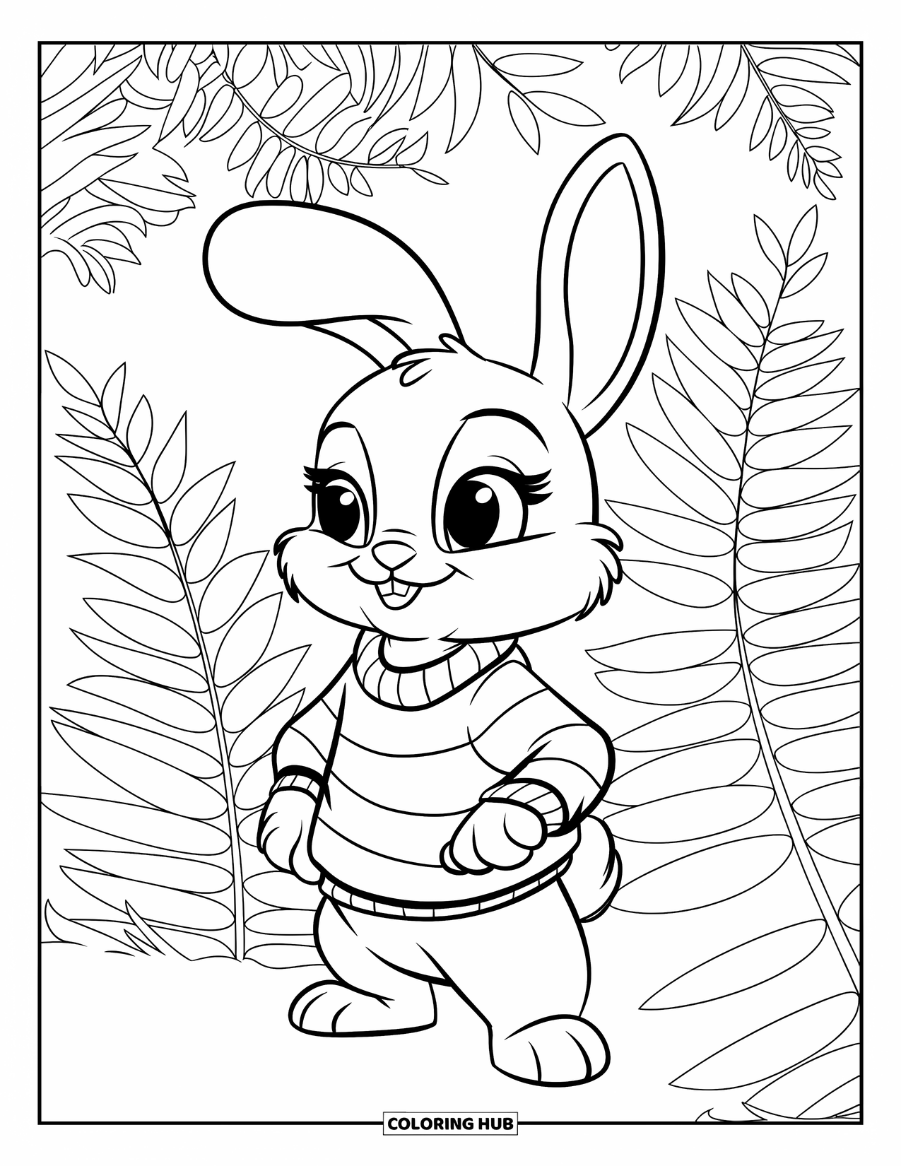 Kolorowanka z Królikiem dla Dzieci: Króliczek w swetrze w paski i obroży stoi wśród wysokich paproci, patrząc z ciekawością w górę