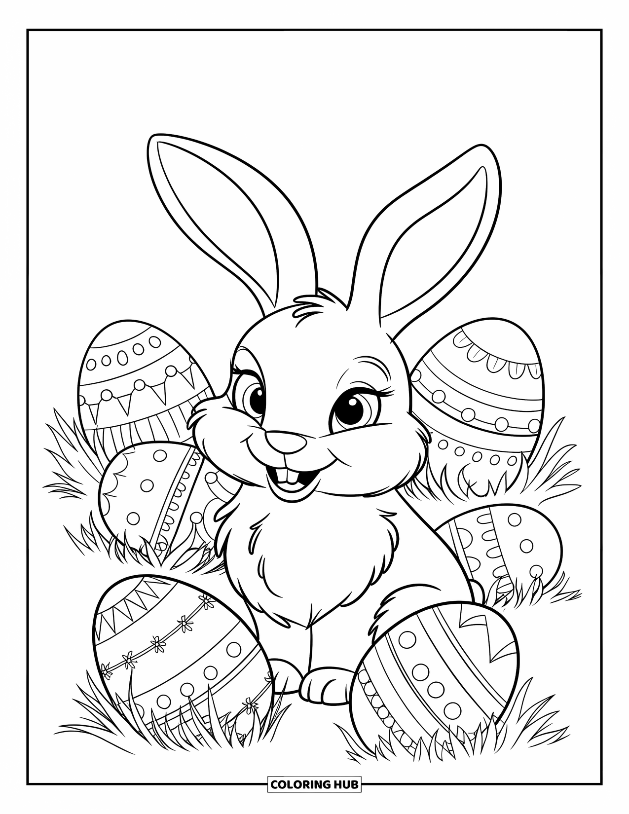 Kolorowanka z Królikiem dla Dzieci: Króliczek jest otoczony wzorzystymi jajkami wielkanocnymi, niektóre ułożone w stos, a inne rozrzucone po trawie