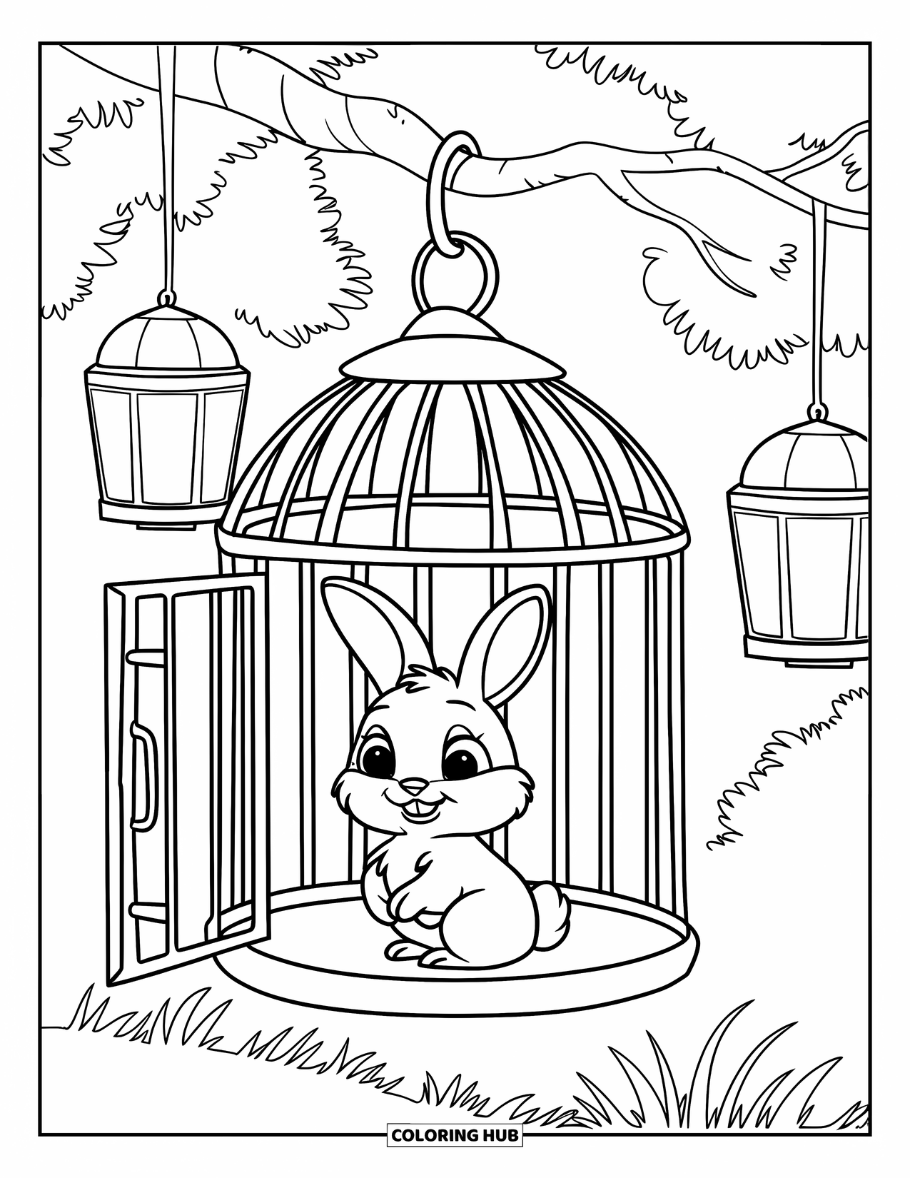 Kolorowanka z Królikiem dla Dzieci: Króliczek siedzi w otwartej klatce dla ptaków, wiszącej na gałęzi w bujnym lesie