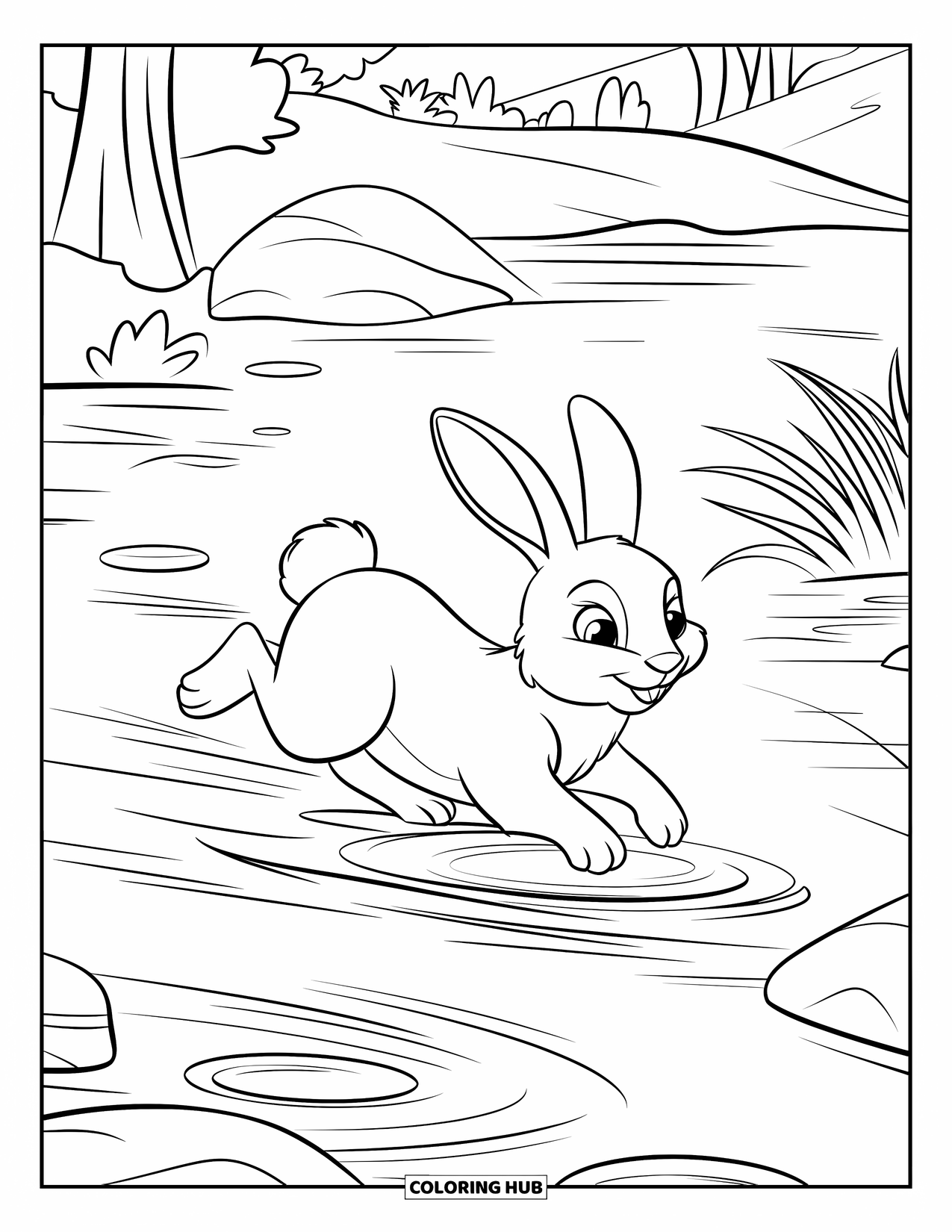 Kolorowanka z Królikiem dla Dzieci: Króliczek pędzi brzegiem rzeki, przeskakując nad skałami i falującą wodą