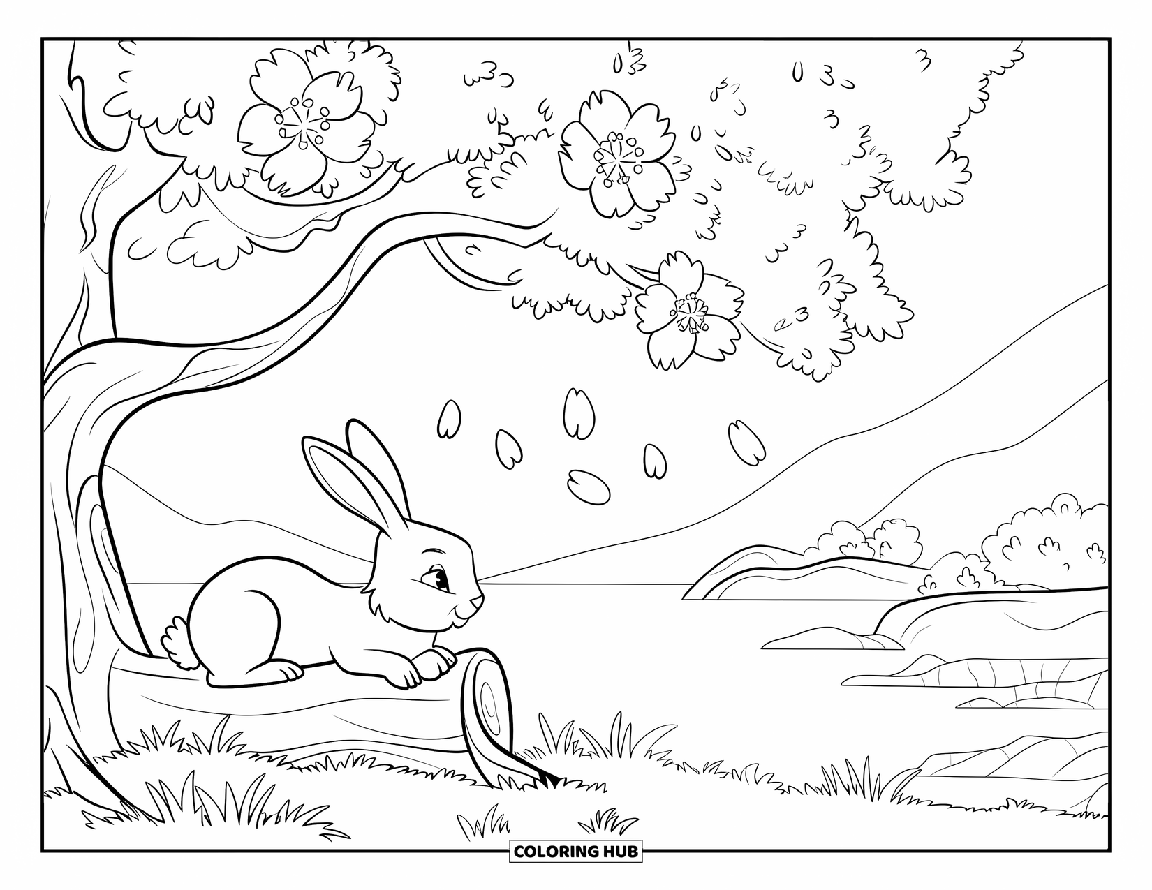 Kolorowanka z Królikiem dla Dzieci: Króliczek odpoczywa na kłodzie pod drzewem kwitnącej wiśni, otoczony malowniczym krajobrazem