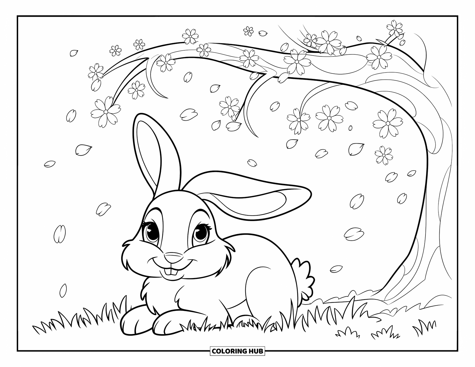 Kolorowanka z Królikiem dla Dzieci: Króliczek odpoczywa pod drzewem kwitnącej wiśni, a płatki delikatnie opadają wokół niego