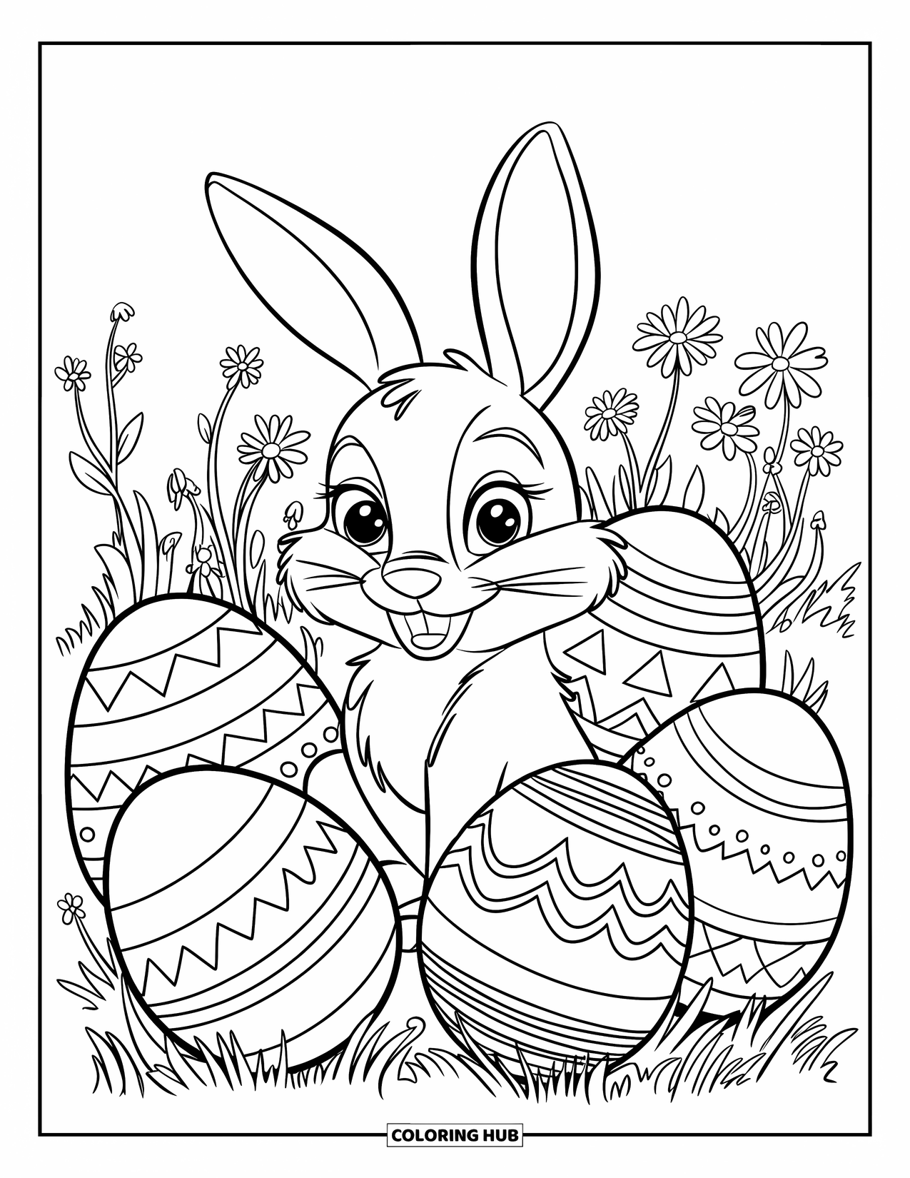 Kolorowanka z Królikiem dla Dzieci: Króliczek siedzi wśród ozdobnych jajek wielkanocnych, otoczony dzikimi kwiatami na trawiastej łące