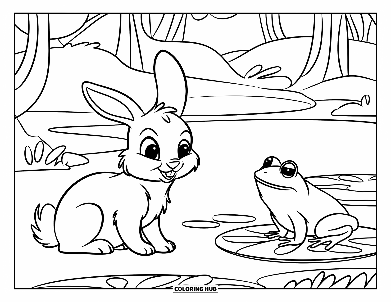 Kolorowanka z Królikiem dla Dzieci: Króliczek siedzi nad stawem, obserwując ciekawską żabę odpoczywającą na lilii wodnej