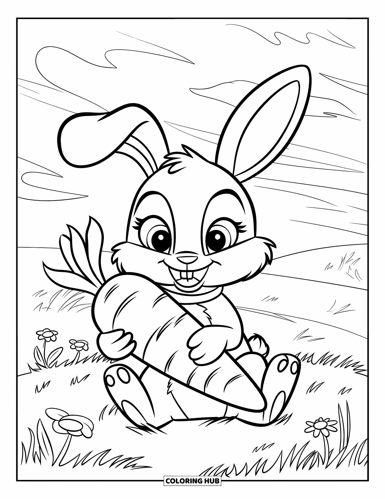 Kolorowanka z Królikiem dla Dzieci: Króliczek siedzi na trawiastej łące, trzymając dużą marchewkę z radosnym wyrazem twarzy