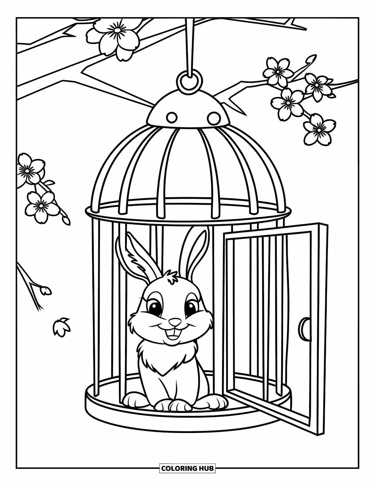 Kolorowanka z Królikiem dla Dzieci: Króliczek siedzi w wiszącej klatce dla ptaków, z otwartymi drzwiami, a w pobliżu kwitną kwiaty wiśni