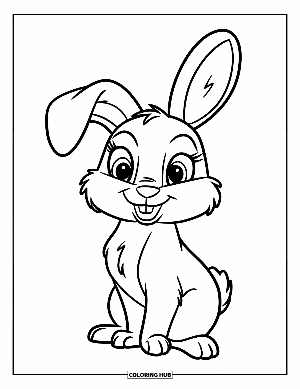 Kolorowanka z Królikiem dla Dzieci: Króliczek siedzi wyprostowany z dużymi uszami i przyjaznymi oczami, gotowy na przygodę
