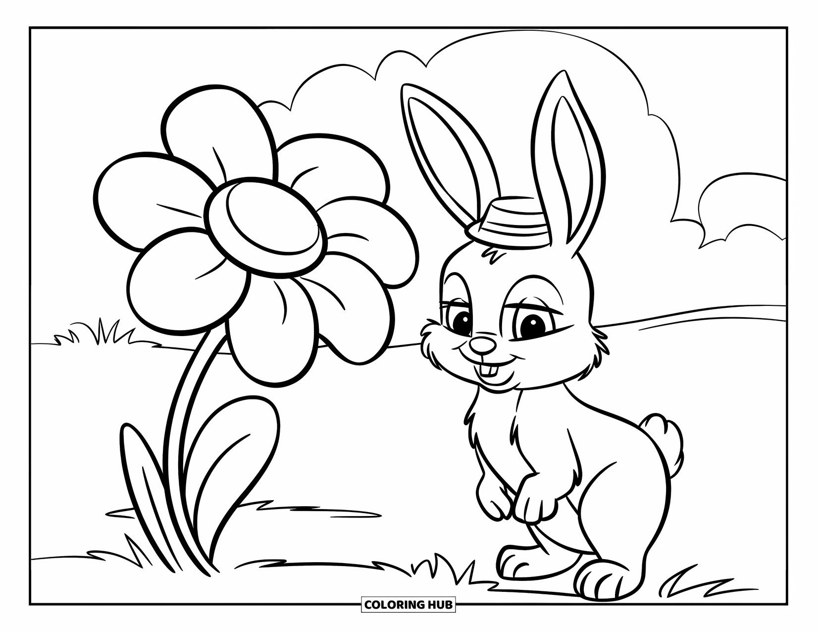 Kolorowanka z Królikiem dla Dzieci: Króliczek w małym kapeluszu stoi obok dużego kwiatu na trawiastej łące