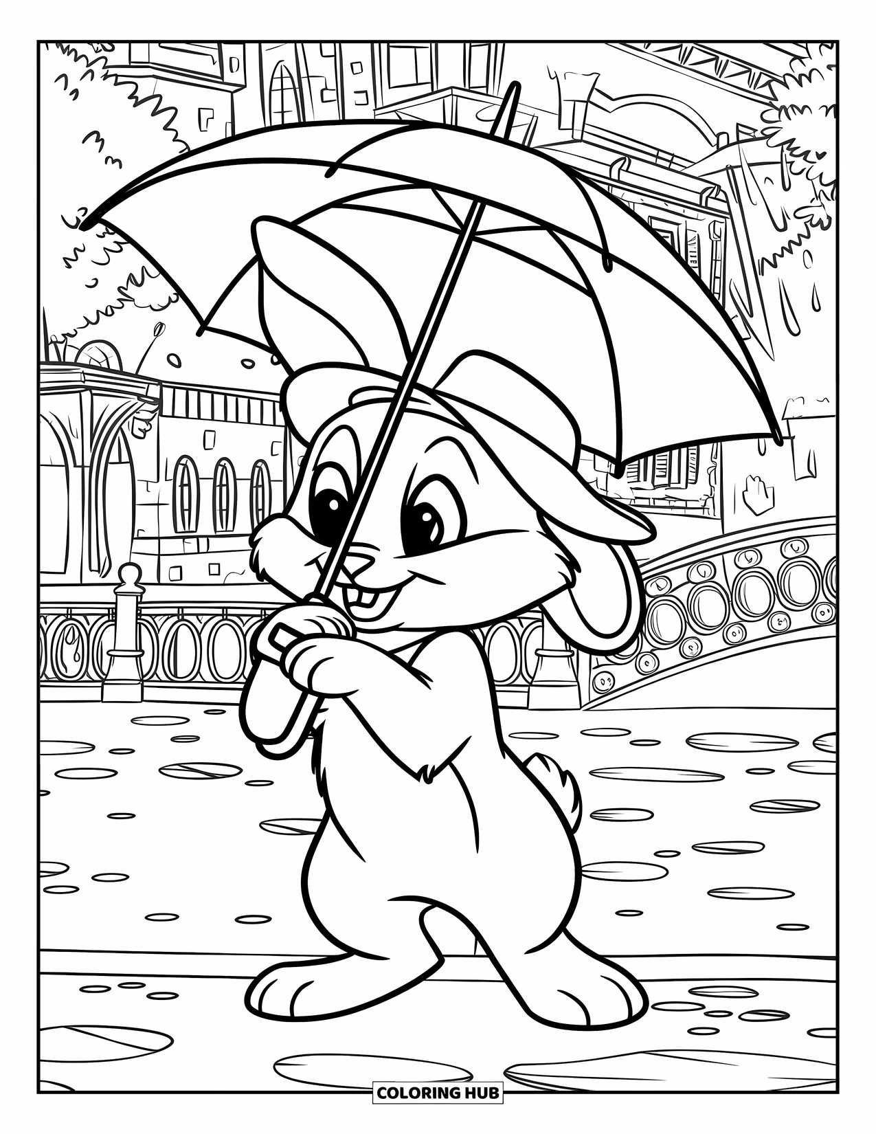 Kolorowanka z Królikiem dla Dzieci: Króliczek w stylowym kapeluszu trzyma parasol w urokliwej scenerii miejskiej
