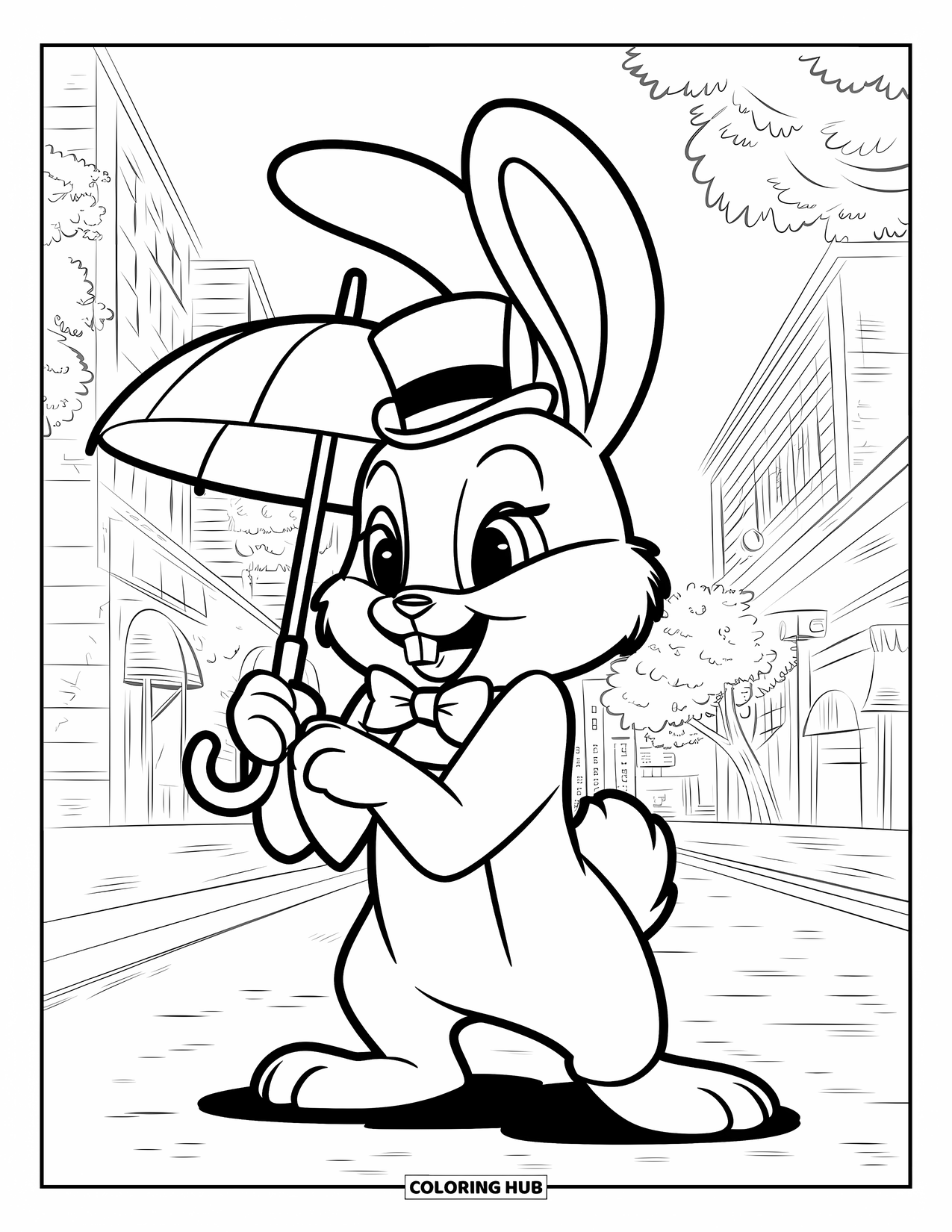 Kolorowanka z Królikiem dla Dzieci: Króliczek w cylindrze i muszce trzyma maleńki parasol w krajobrazie miejskim