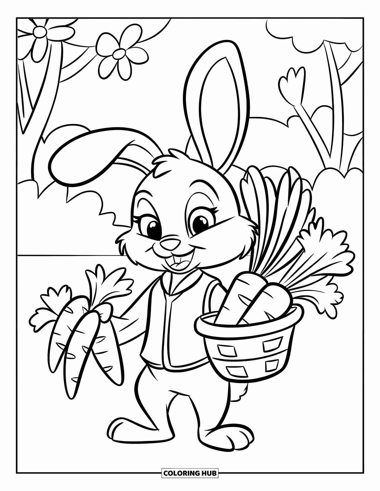 Kolorowanka z Królikiem dla Dzieci: Króliczek w kamizelce i obroży niesie koszyk warzyw na polu kwiatów
