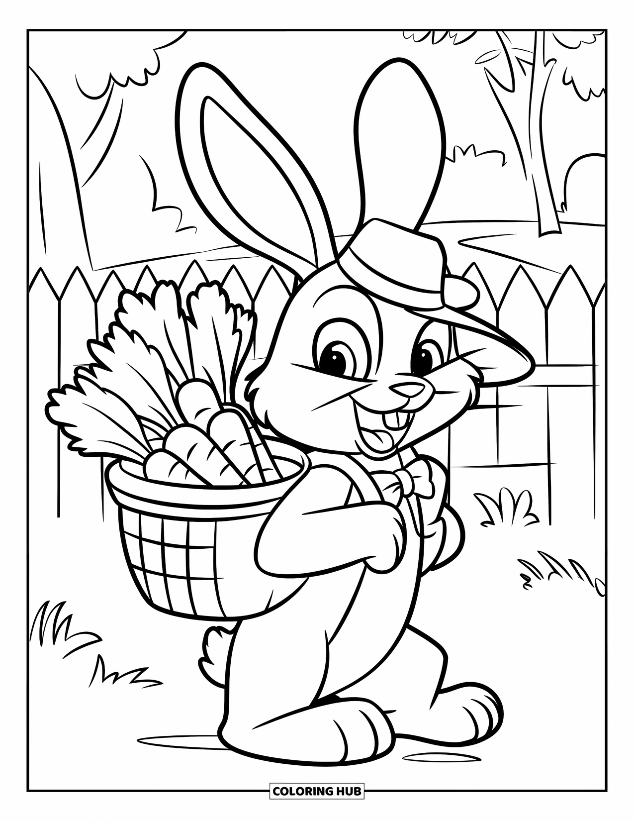 Kolorowanka z Królikiem dla Dzieci: Króliczek z muszką niesie koszyk warzyw w pobliżu trawiastej łąki i drzew
