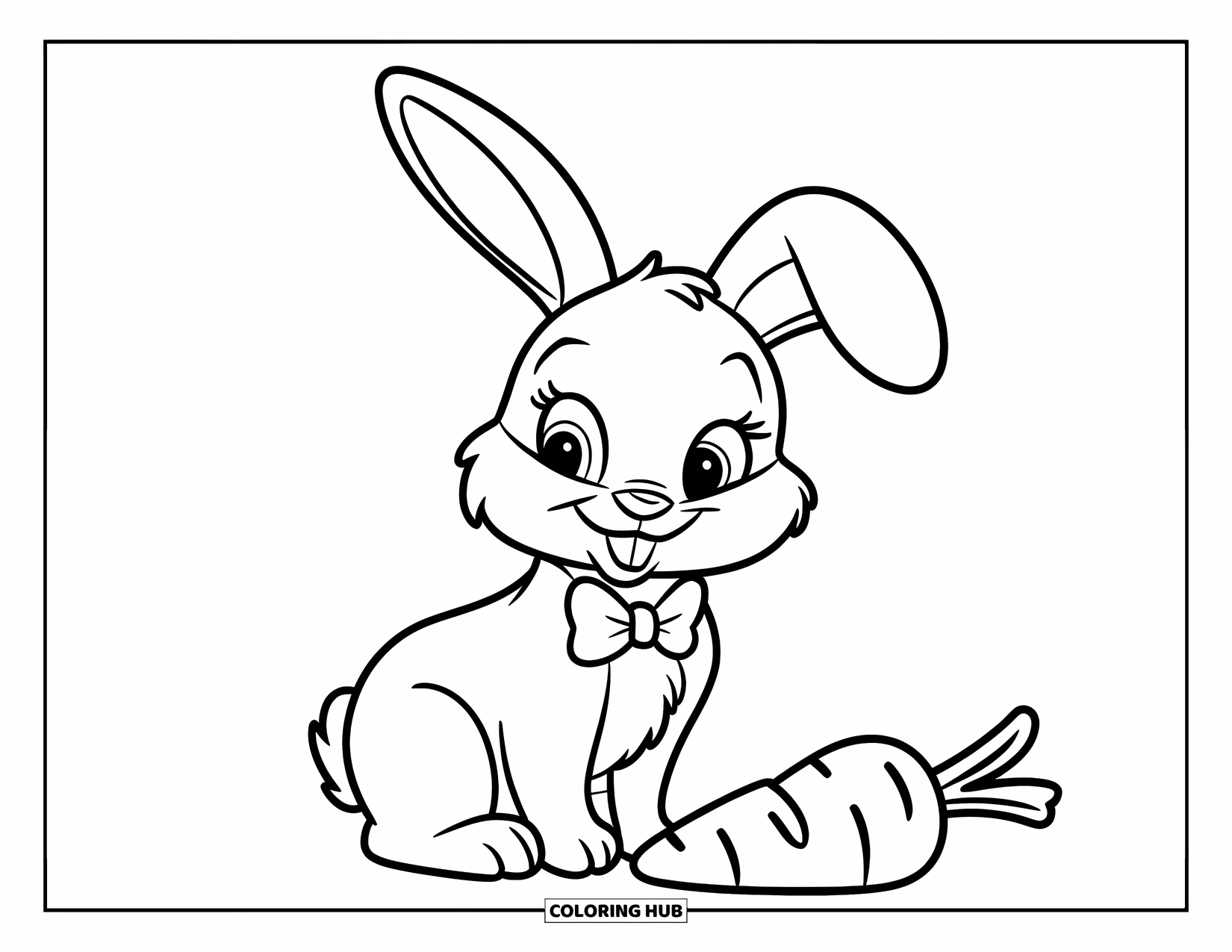 Kolorowanka z Królikiem dla Dzieci: Króliczek z muszką siedzi obok marchewki na trawiastym tle wypełnionym kwiatami