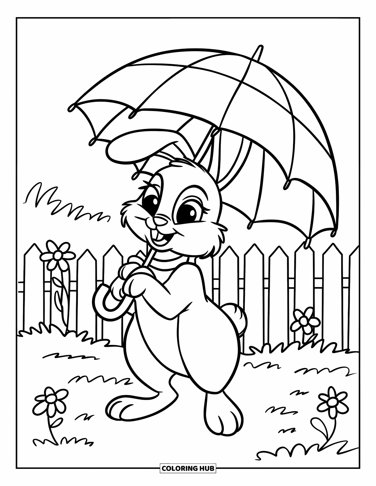 Kolorowanka z Królikiem dla Dzieci: Króliczek z obrożą trzyma parasol w pobliżu płotu z kwiatami kwitnącymi wokół niego
